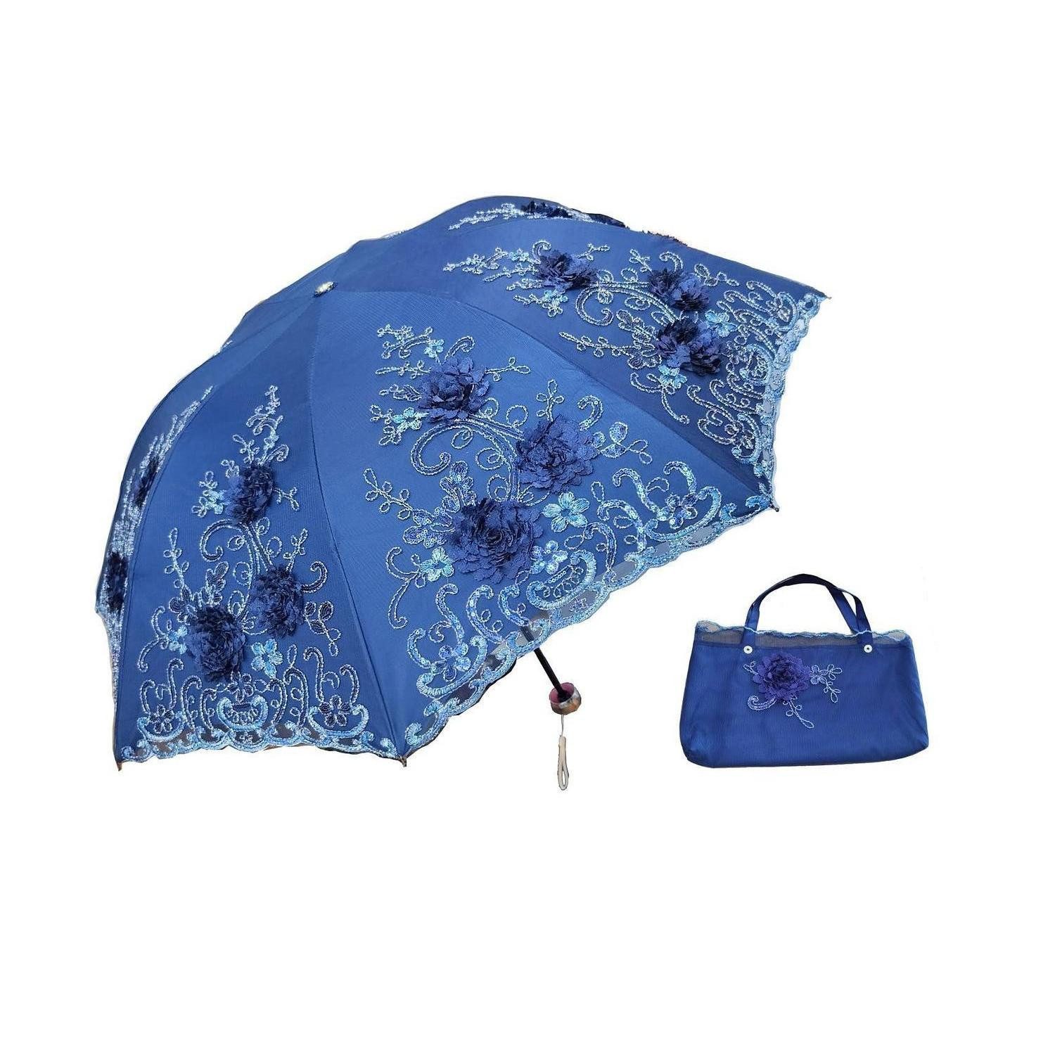 LuxusKollektion Taschenregenschirm Regenschirm 3D-Blumen Spitze Marineblau