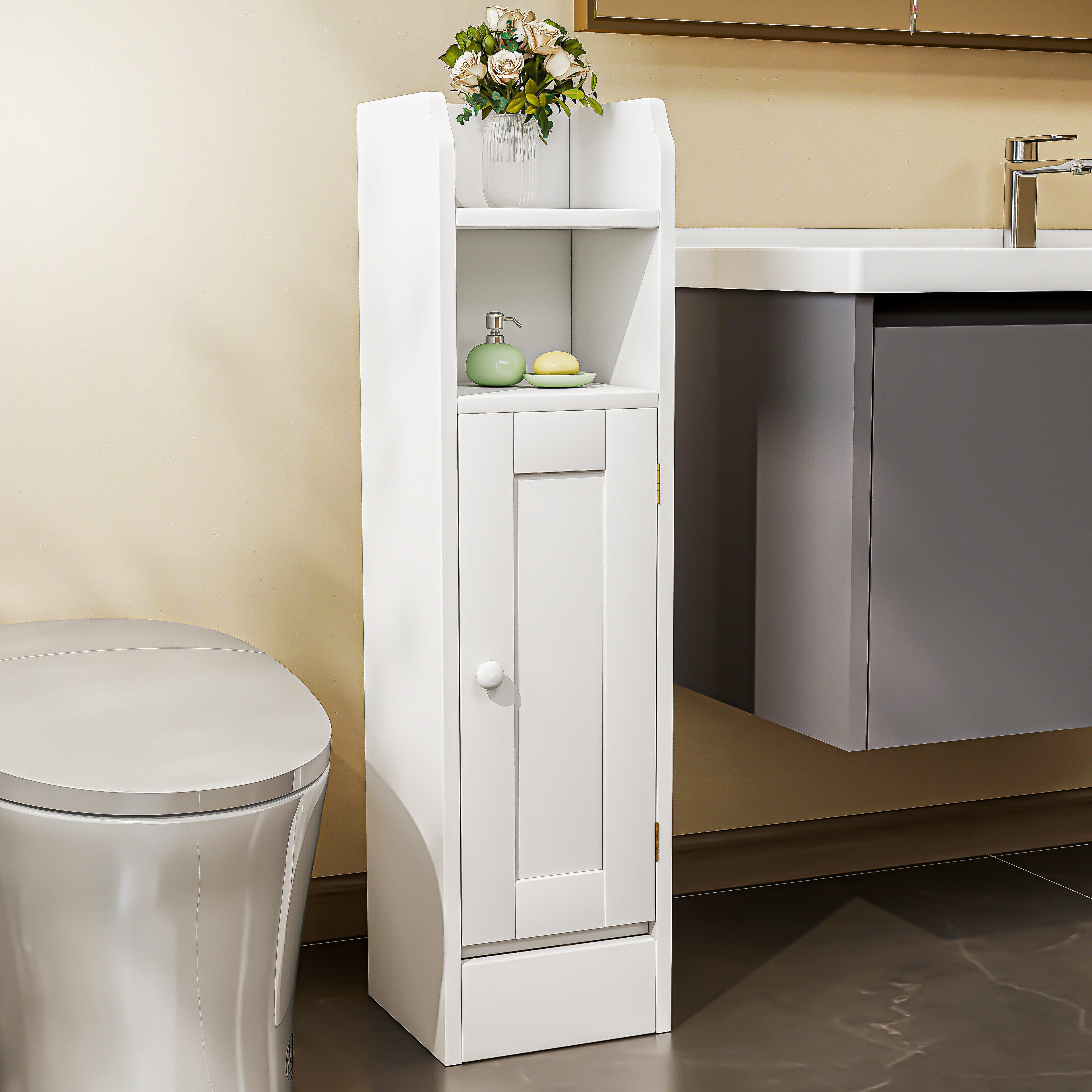 oyajia Badkommode Badezimmerschrank Badschrank schmal mit Tür (für kleine Räume), Höhenverstellbaren Einlegeböden