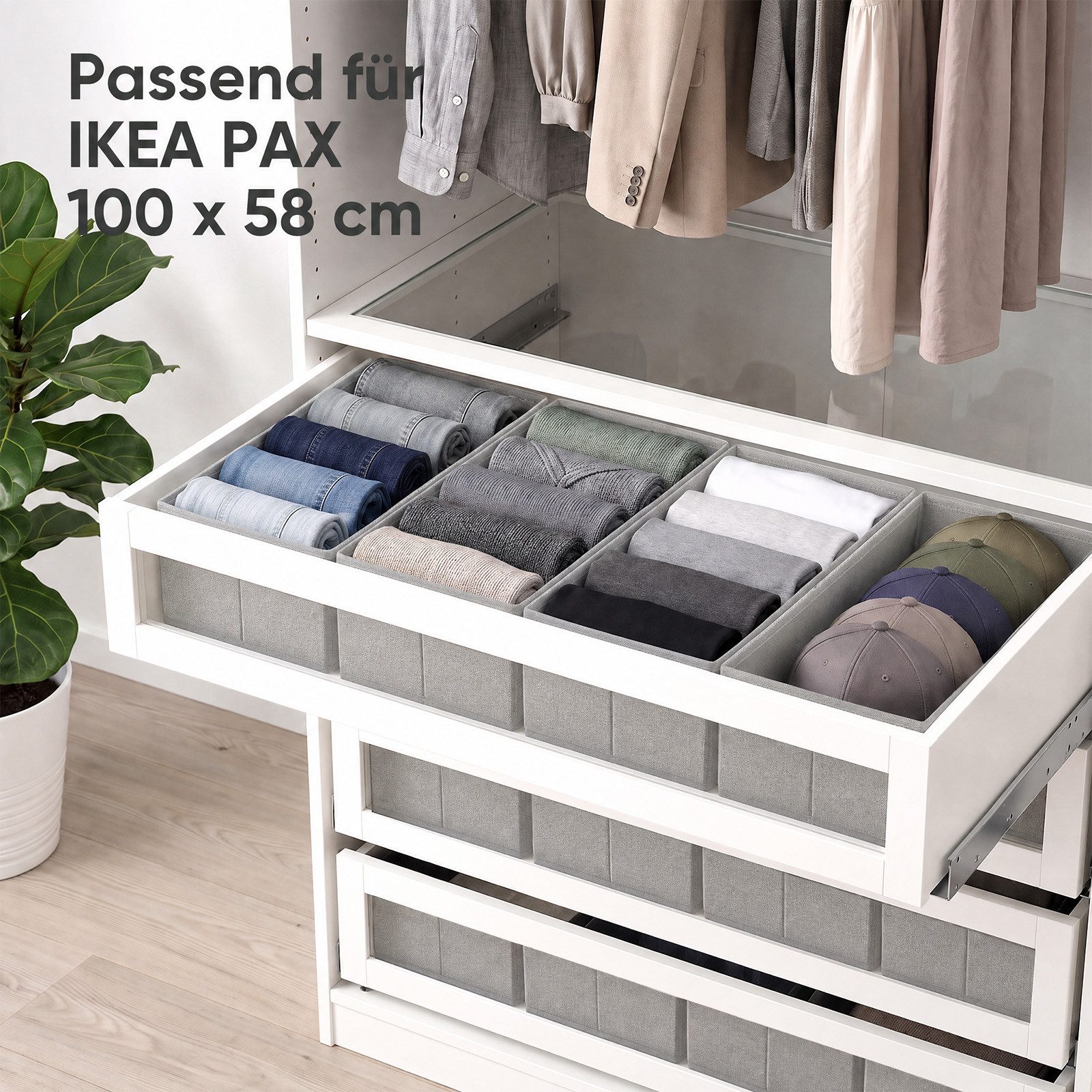 Sekey Aufbewahrungsbox Aufbewahrungsboxen für Schubladen, faltbare Stoffboxen aus Vliesstoff, 2 St, 22 x 51 x 11 cm, ohne Fächer, für Unterwäsche, Socken, Krawatten