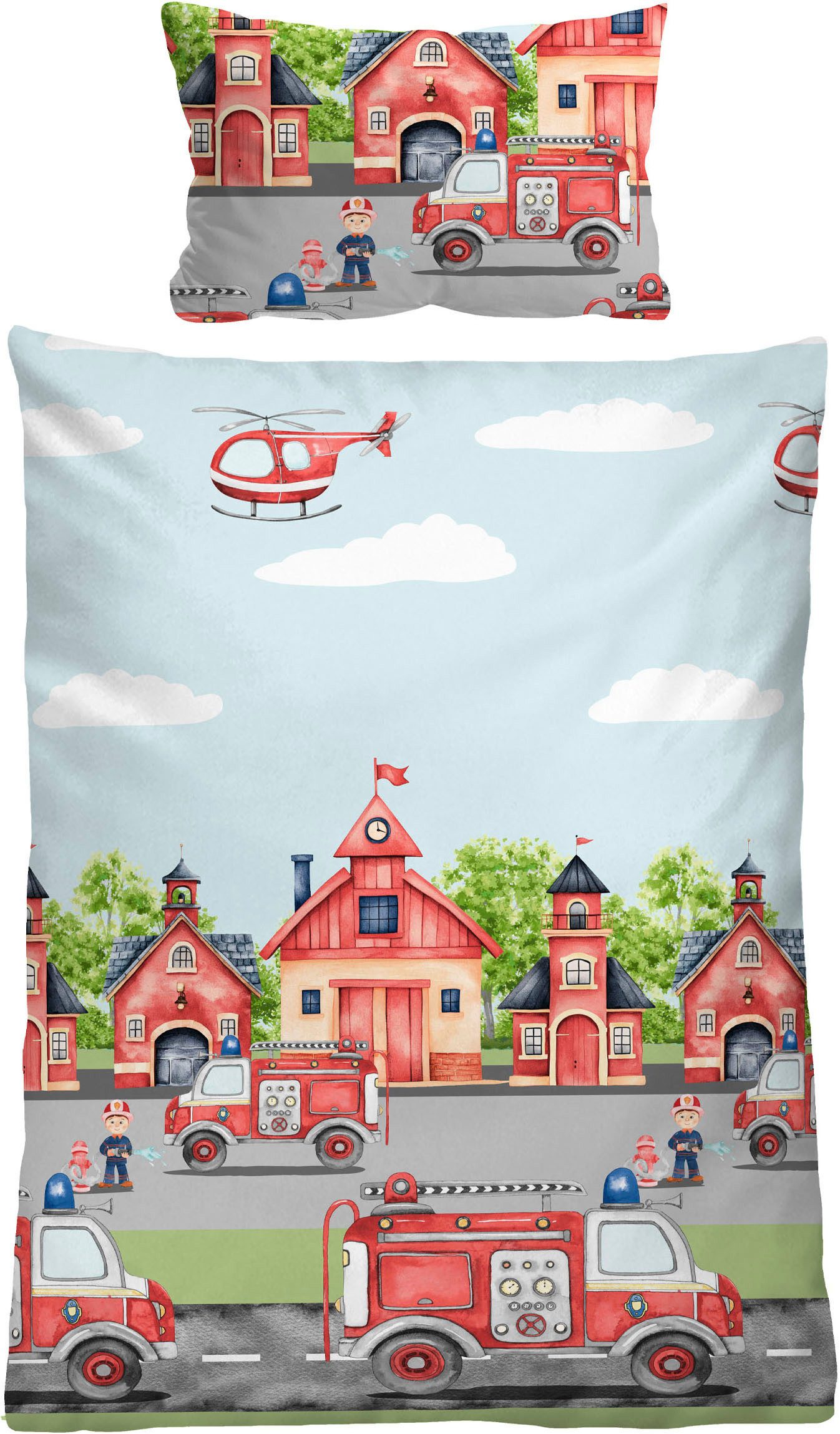 Biberna Kinderbettwäsche 0004523 Feuerwehr, Feinbiber, 2 teilig, wohlig warm + weich, pflegeleicht, 100% Baumwolle, Reißverschluss