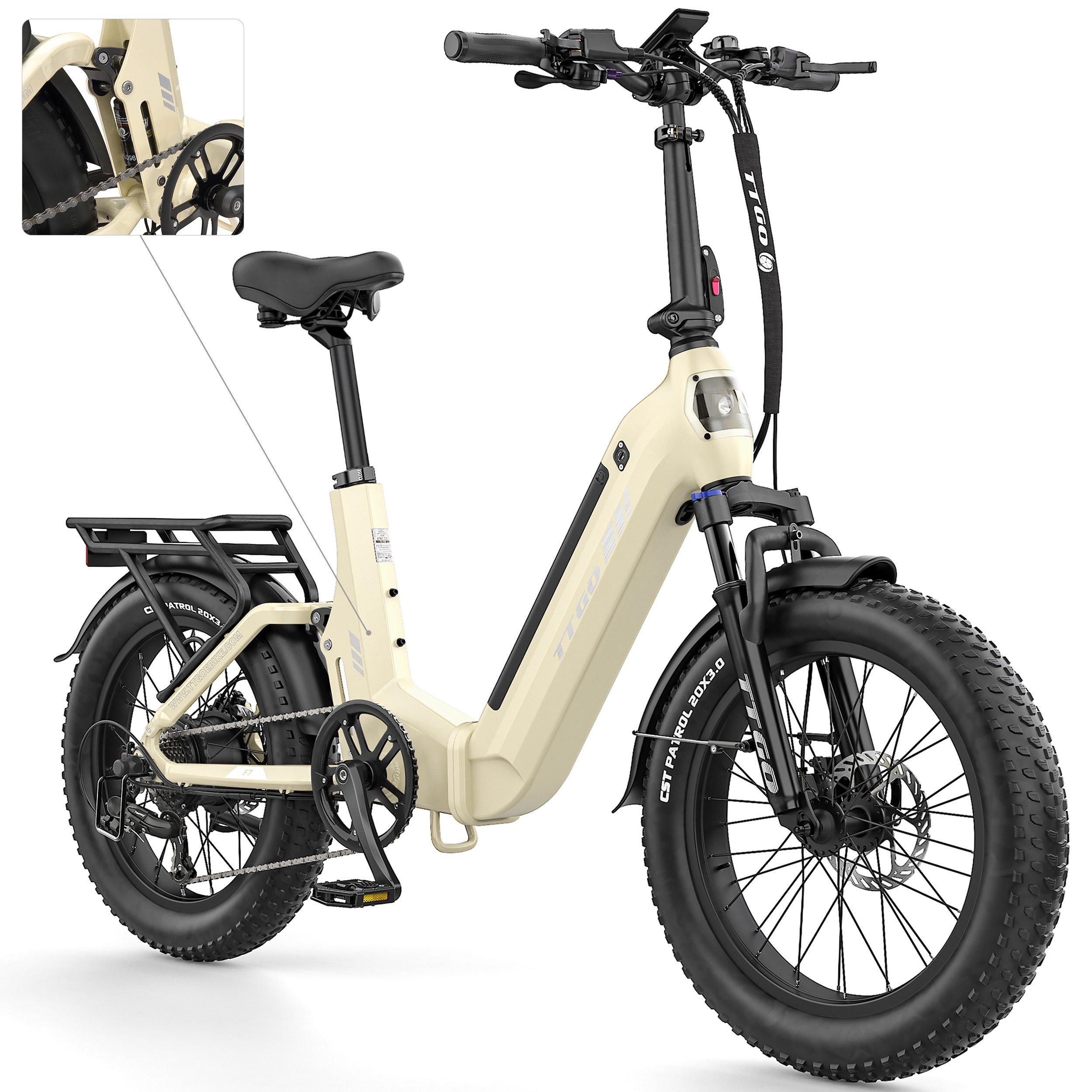 TTGO E-Bike Klapprad 20 Zoll, Fully, Vollfederung, 70Nm, 3,0'' Fatbike, Lockout-Federgabel, 7 Gang SHIMANO, Kettenschaltung, Heckmotor, 720 Wh, (Softtail, hydr. Scheibenbremse, mit Bremslicht), 120km, Drehmomentsensor, max.150kg, Elektrofahrrad für Damen Herren