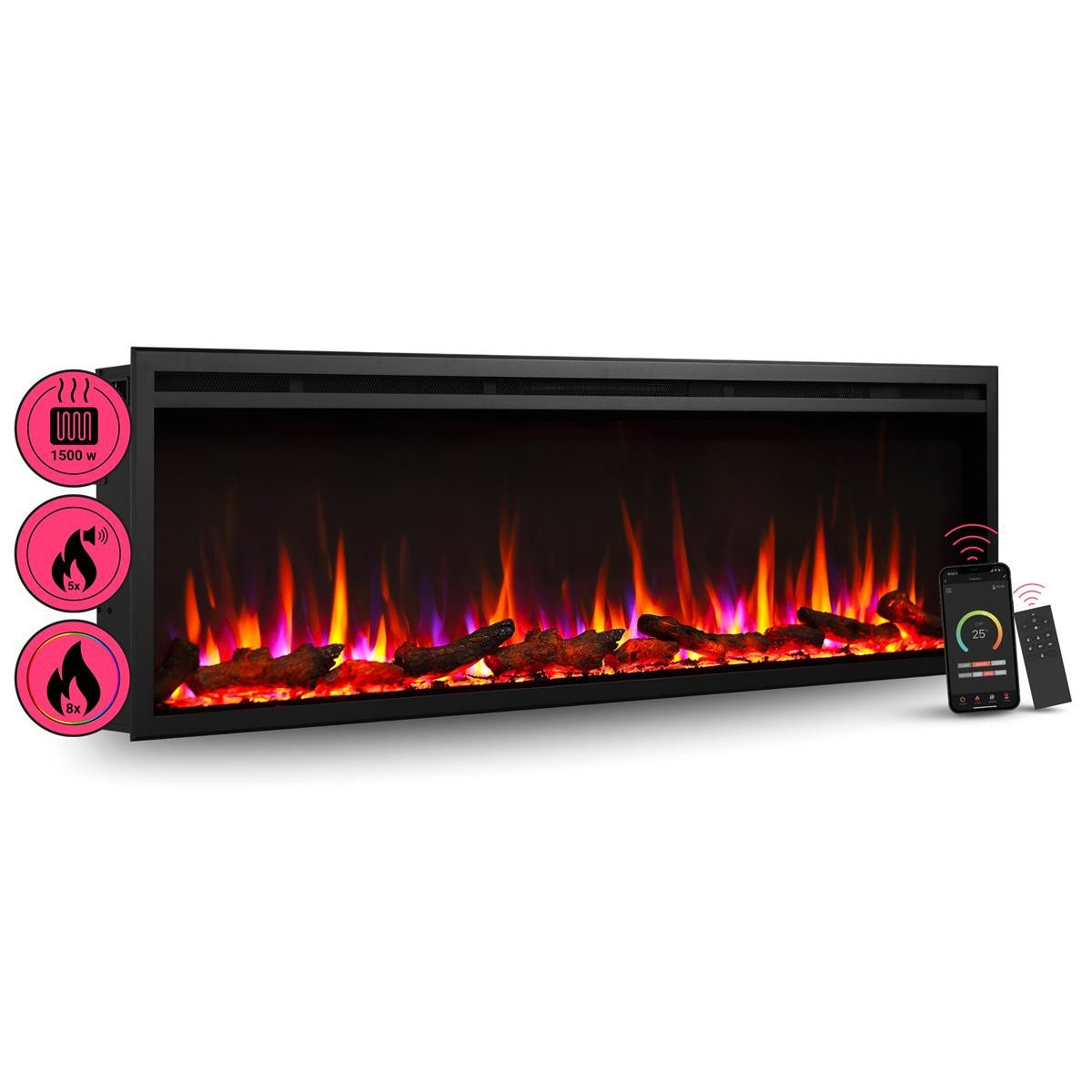 Balderia Elektrokamin Elektrokamin BALDERIA Atalanta 60 – Einbaukamin, 1500 W, schwarz, Smarter Einbaukamin 60 Zoll: 3D Flamme, App, Knister