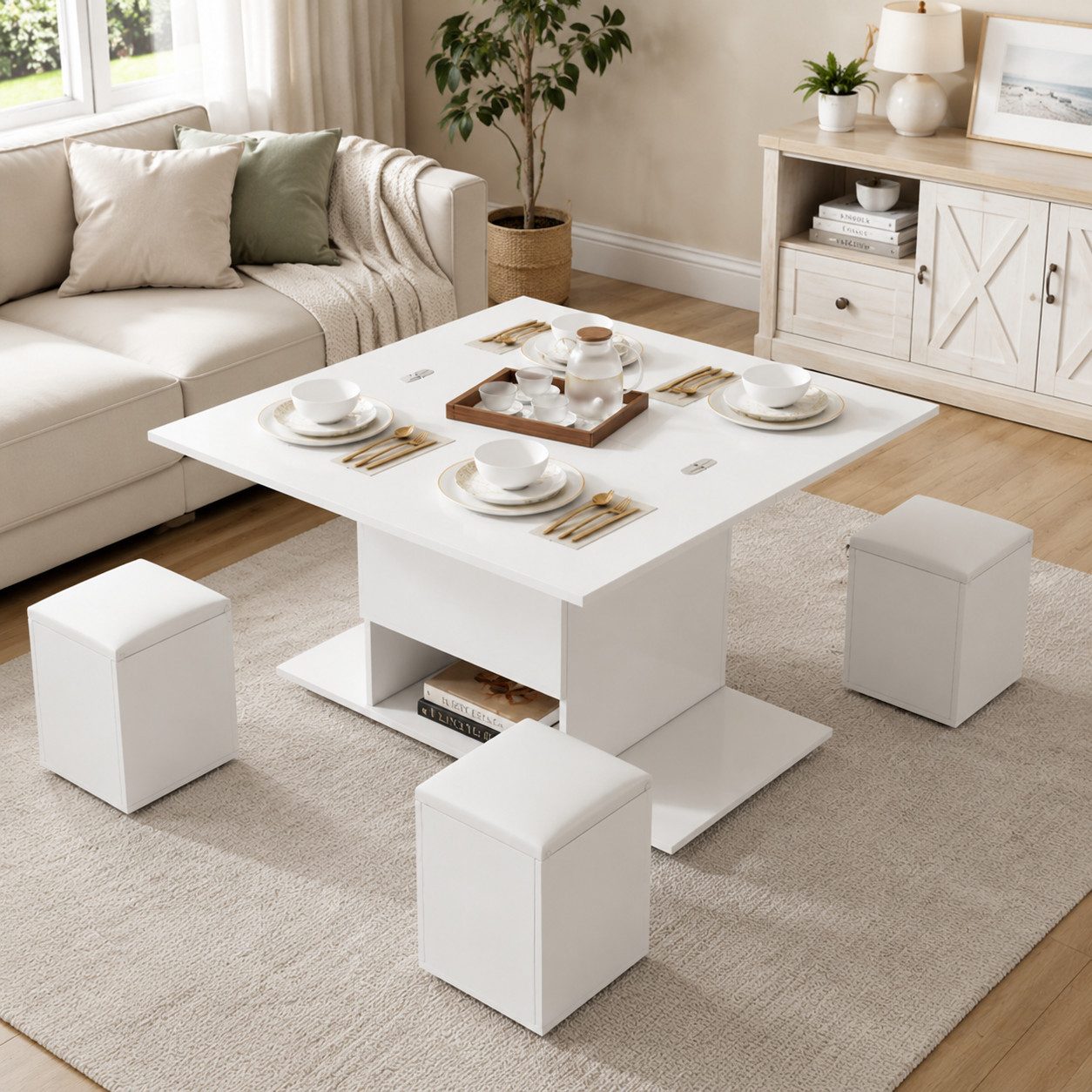 KLAM HOME Couchtisch Höhenverstellbarer Couchtisch Mit Anhebbarer Tischplatte Und Stauraum (Multifunktionaler Wohnzimmertisch In Weiß Mit 4 Integrierten Hockern), Moderner Esstisch Und Arbeitstisch 100x100cm