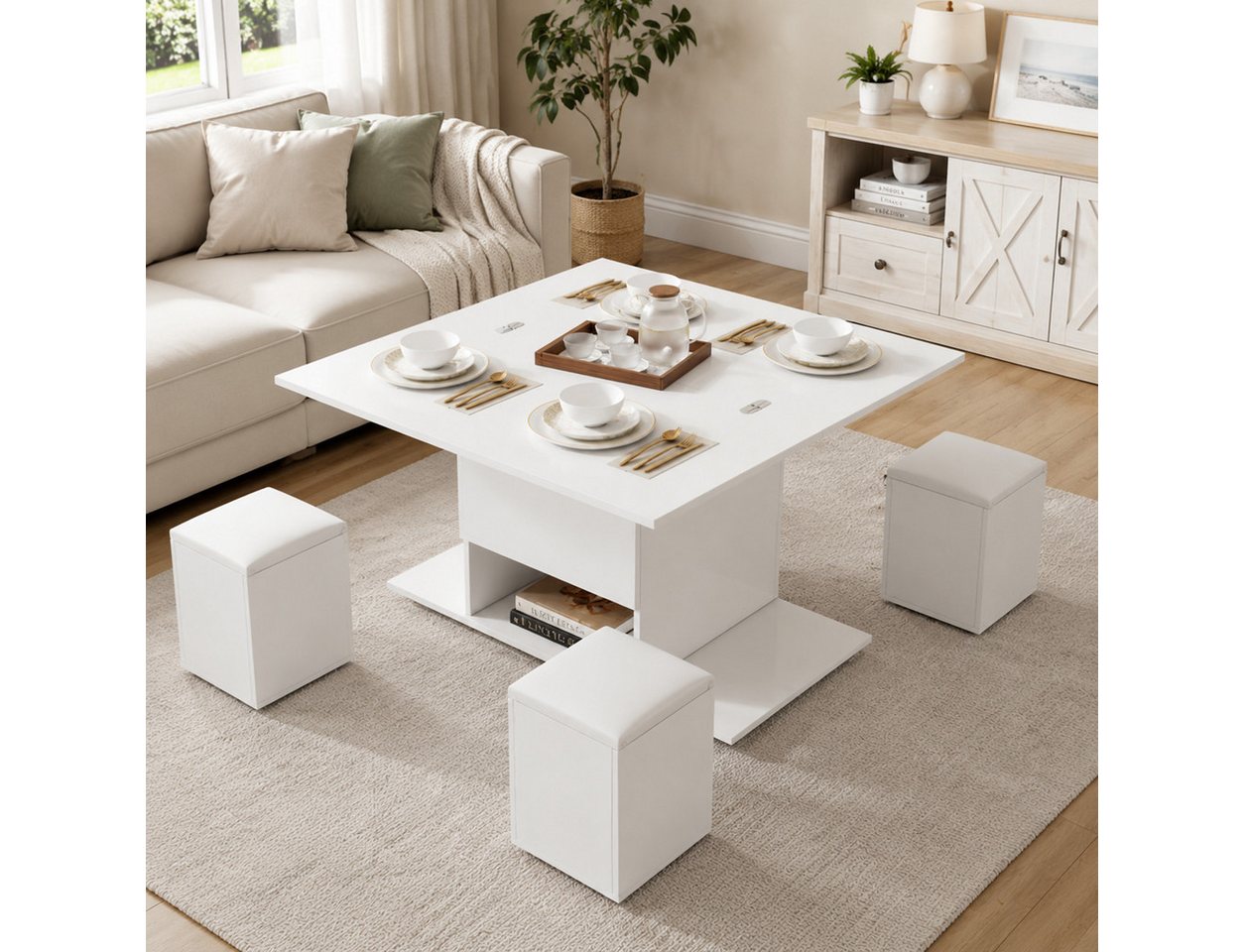 KLAM HOME Couchtisch Höhenverstellbarer Couchtisch Mit Anhebbarer Tischplatte Und Stauraum (Multifunktionaler Wohnzimmertisch In Weiß Mit 4 Integrierten Hockern), Moderner Esstisch Und Arbeitstisch 100x100cm