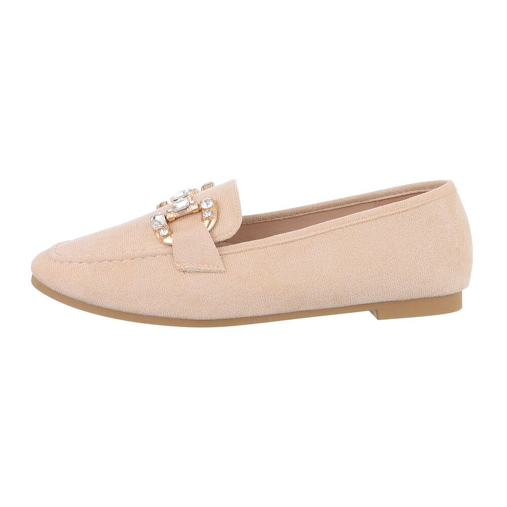 Ital-Design Damen Mokassins Freizeit Slipper Blockabsatz Mokassins in Beige