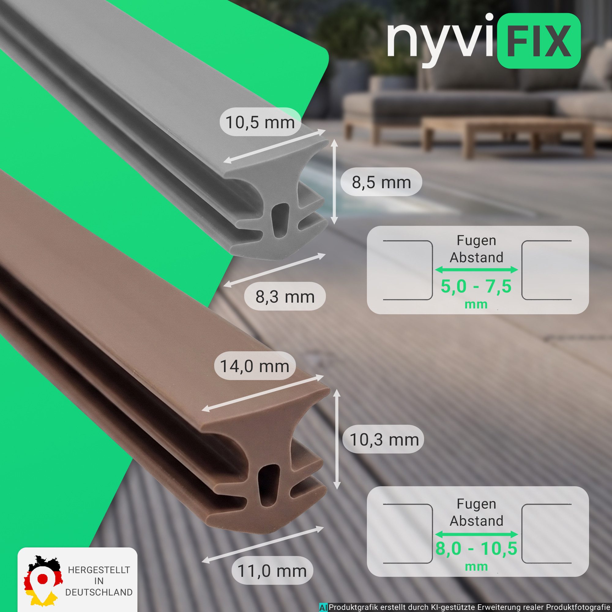 NYVI Terrassendielen Fugendichtband NYVIFix Profi Dichtung für Terrassen Dielen Fugen, Terrassenfugenband für WPC, PVC, Stein und Holzboden, Made in Germany