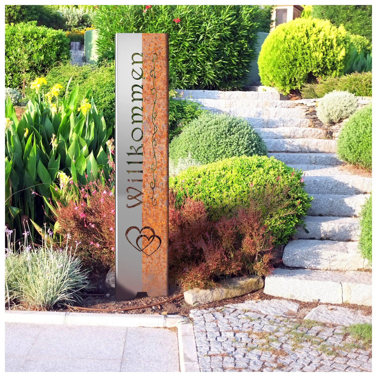 tuning-art Gartenstecker EW100-TR-E Gartenstecker Gartenschild Willkommen Edelrost 120cm x 21cm