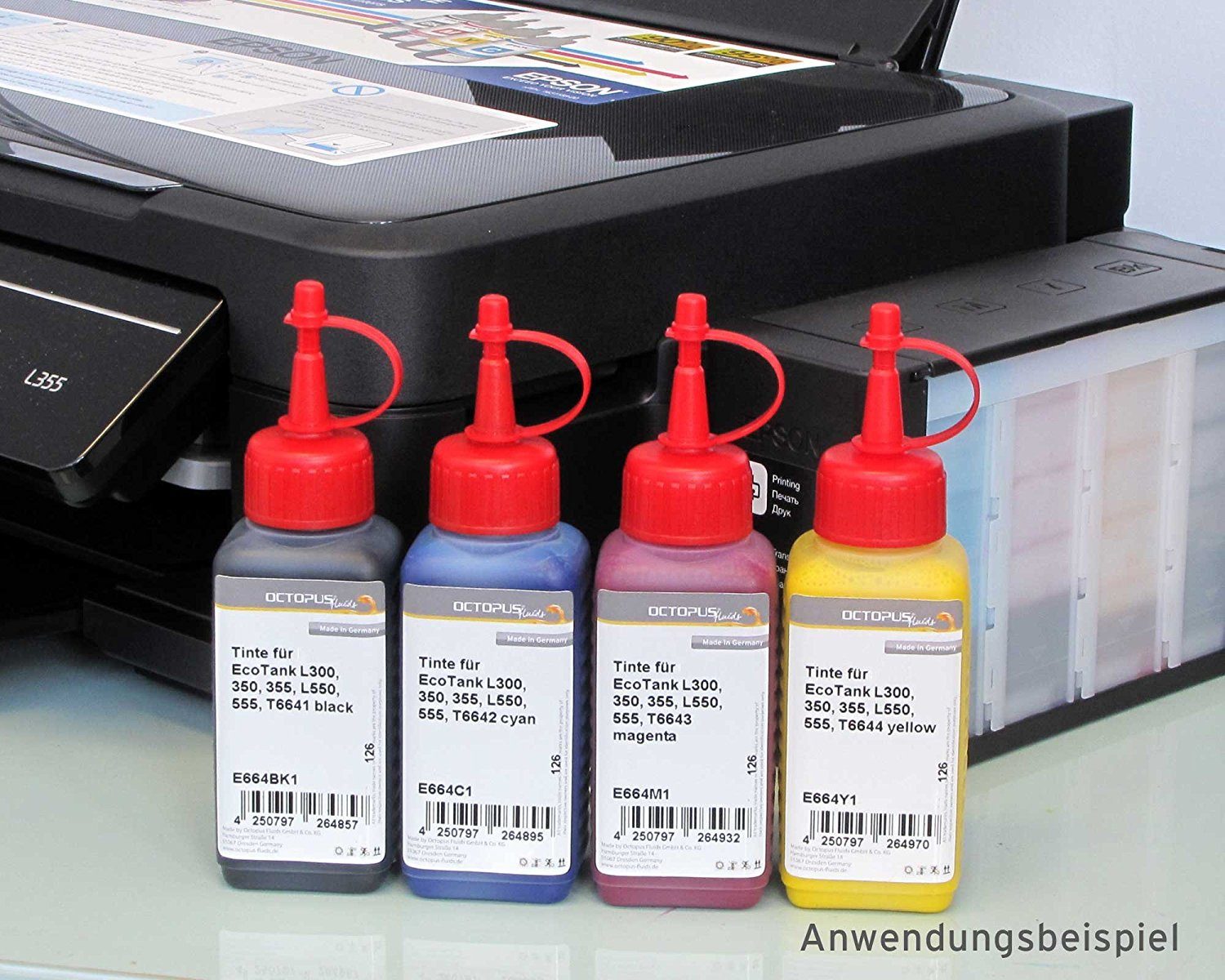 OCTOPUS Fluids Tinte, Ink f. Epson EcoTank L300, L355, L555 Drucker, T6641 schwarz Nachfülltinte (Set, 1x 1000 ml)