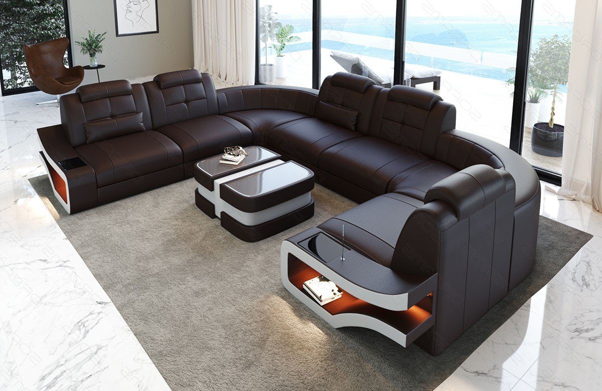 Sofa Dreams Wohnlandschaft mit U-Form Couch Ledersofa, Form Elena Sofa LED-Beleuchtung Leder Ledersofa U