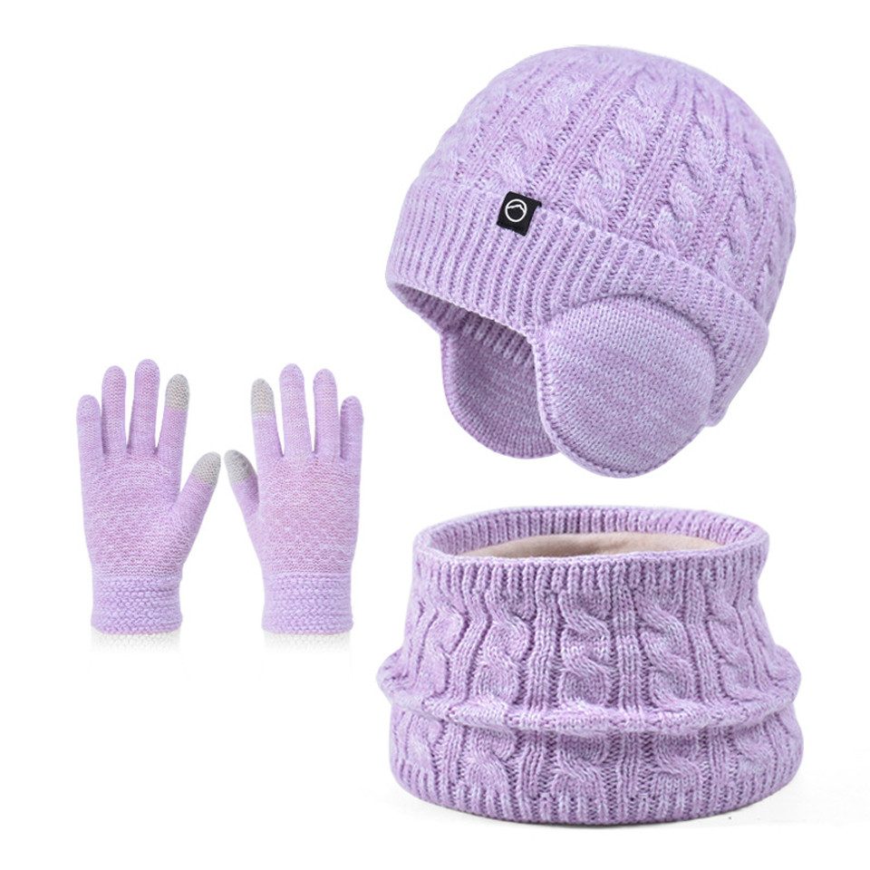Coonoor Mütze & Schal Kinder-Wintermütze, Schal und Handschuhe, warme Thermo-Strickmütze (mit Ohrenschützern), Halswärmer, Touchscreen-Handschuh