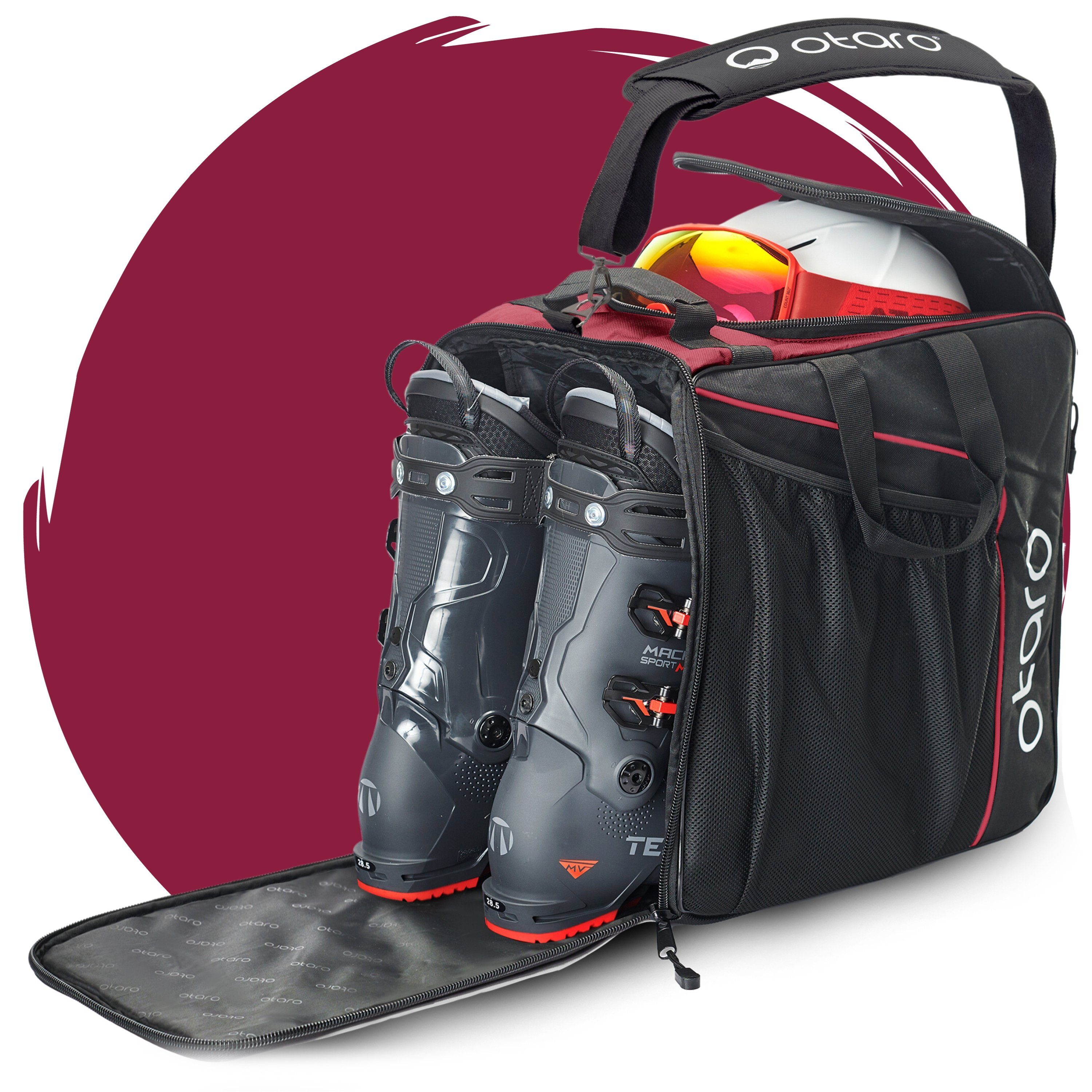 Otaro Sporttasche Skischuhtasche mit Helmfach + Schultergurt, Classic 44L (Schutz für deine Ausrüstung, Perfekt durchdacht, ausklappbare Standfläche, für Skifahrer + Boarder) Schwarz Bordeauxrot