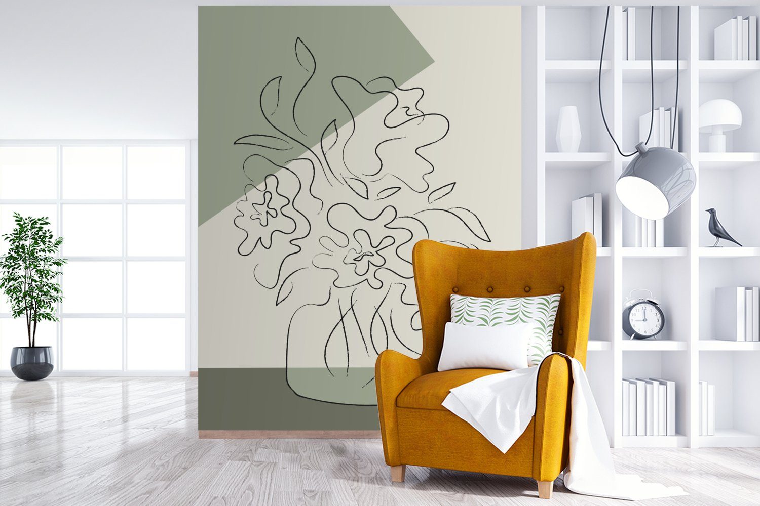 Wandtapete Blumentopf Matt, Linienkunst, - Montagefertig Wohnzimmer, - Pflanzen - Grünzeug St), Blumen für Vinyl - MuchoWow Tapete (4 bedruckt, Fototapete
