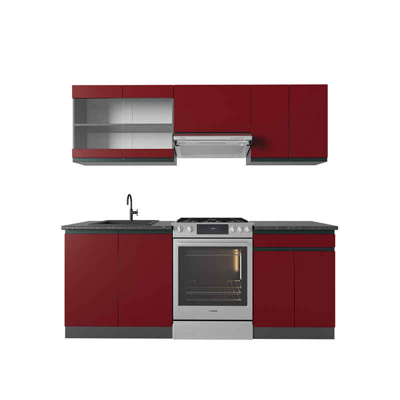 Vicco Küchenzeile R-Line, Rot/Anthrazit, 200 cm J-Shape