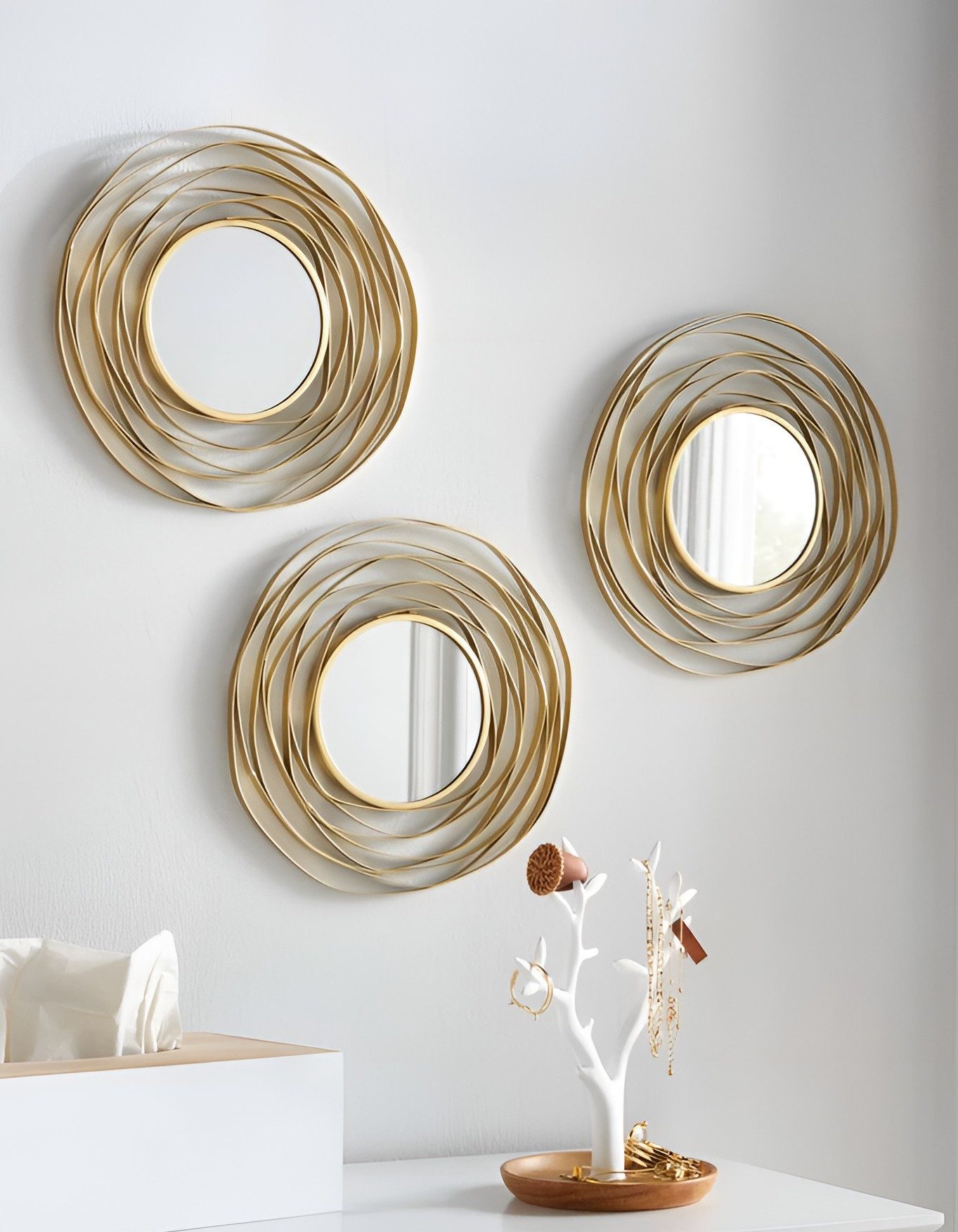Dekoleidenschaft Dekospiegel rundes Spiegel-Set mit goldenem Metallrahmen, dekorative Wanddeko (3-St., im Set), für Wohnzimmer und Flur, modernes Design