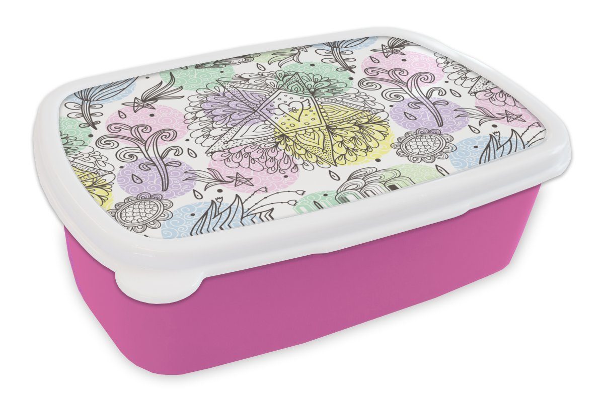 MuchoWow Lunchbox Mädchen - Blumen - Sterne - Muster - Mädchen - Kinder - Kinder, Kunststoff, (2-tlg), Brotbox für Erwachsene, Brotdose Kinder, Snackbox, Mädchen, Kunststoff rosa