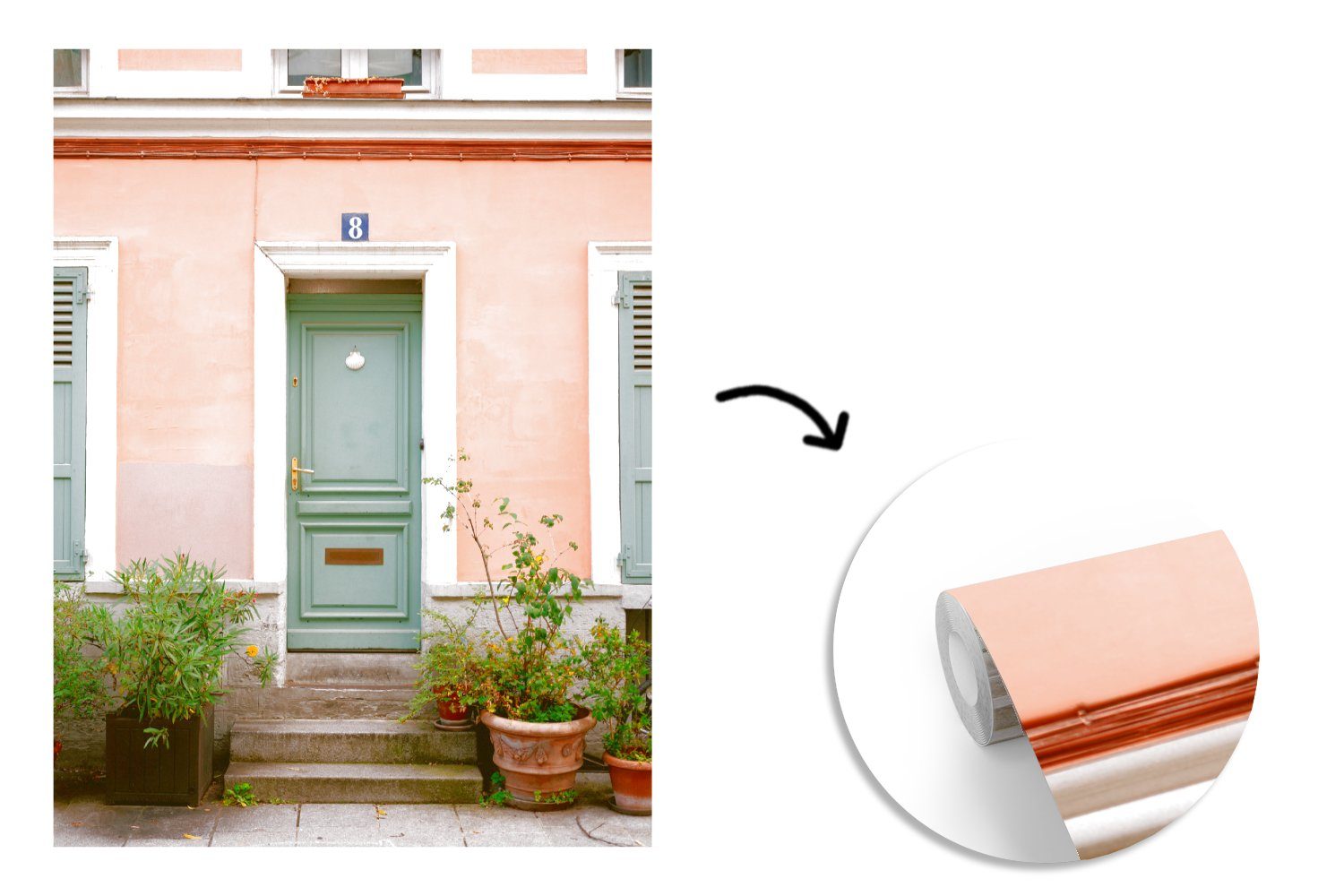 MuchoWow Fototapete Paris - Montagefertig - Wandtapete Tür (4 - Wohnzimmer, Tapete Vinyl Architektur, Pastell bedruckt, für Matt, St)