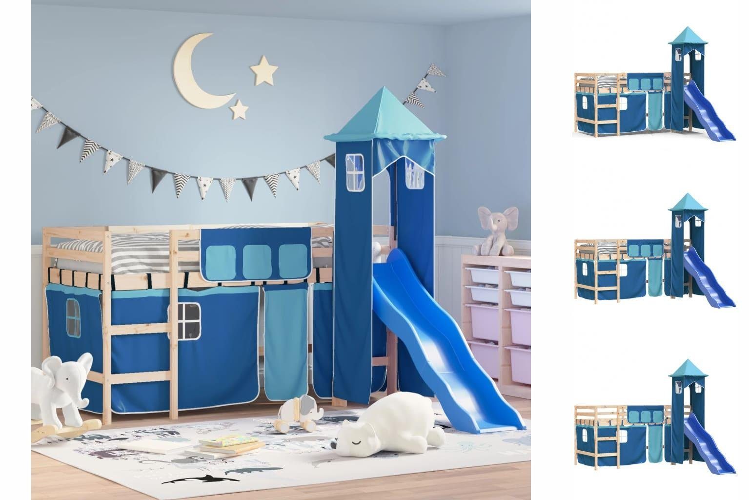 vidaXL Kinderbett Kinderhochbett mit Turm Blau 80x200 cm Massivholz Kiefer