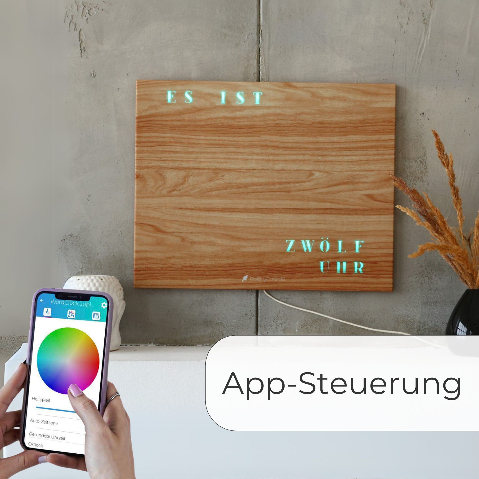 build-yours.de Wanduhr Wortuhr Jupiter in Deutsch - LED Wanduhr zum Aufhängen & Hinstellen (Elegante WordClock aus Stuttgart)