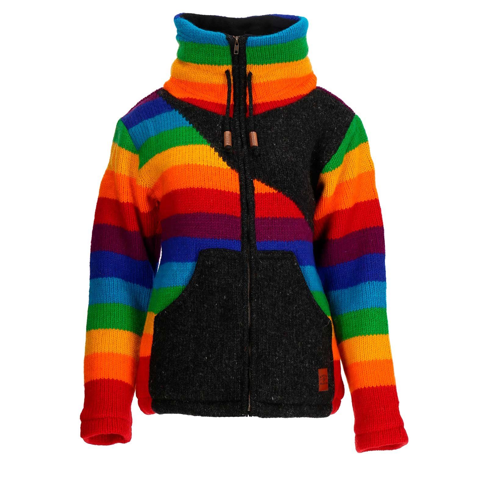 KUNST UND MAGIE Strickjacke Strickjacke Wolle Bunte Regenbogen Jacke Fleecefutter Hochkragen Fair