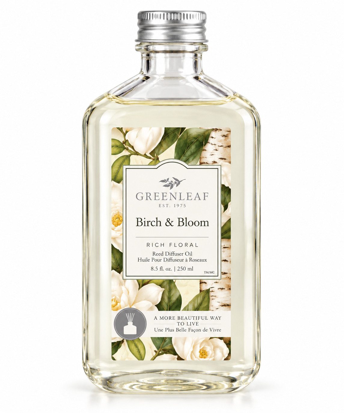 Greenleaf Raumduft Birch & Bloom 250 ml (1-St), Reed Diffuser Oil Nachfüller mit Peddigrohr Stäbchen