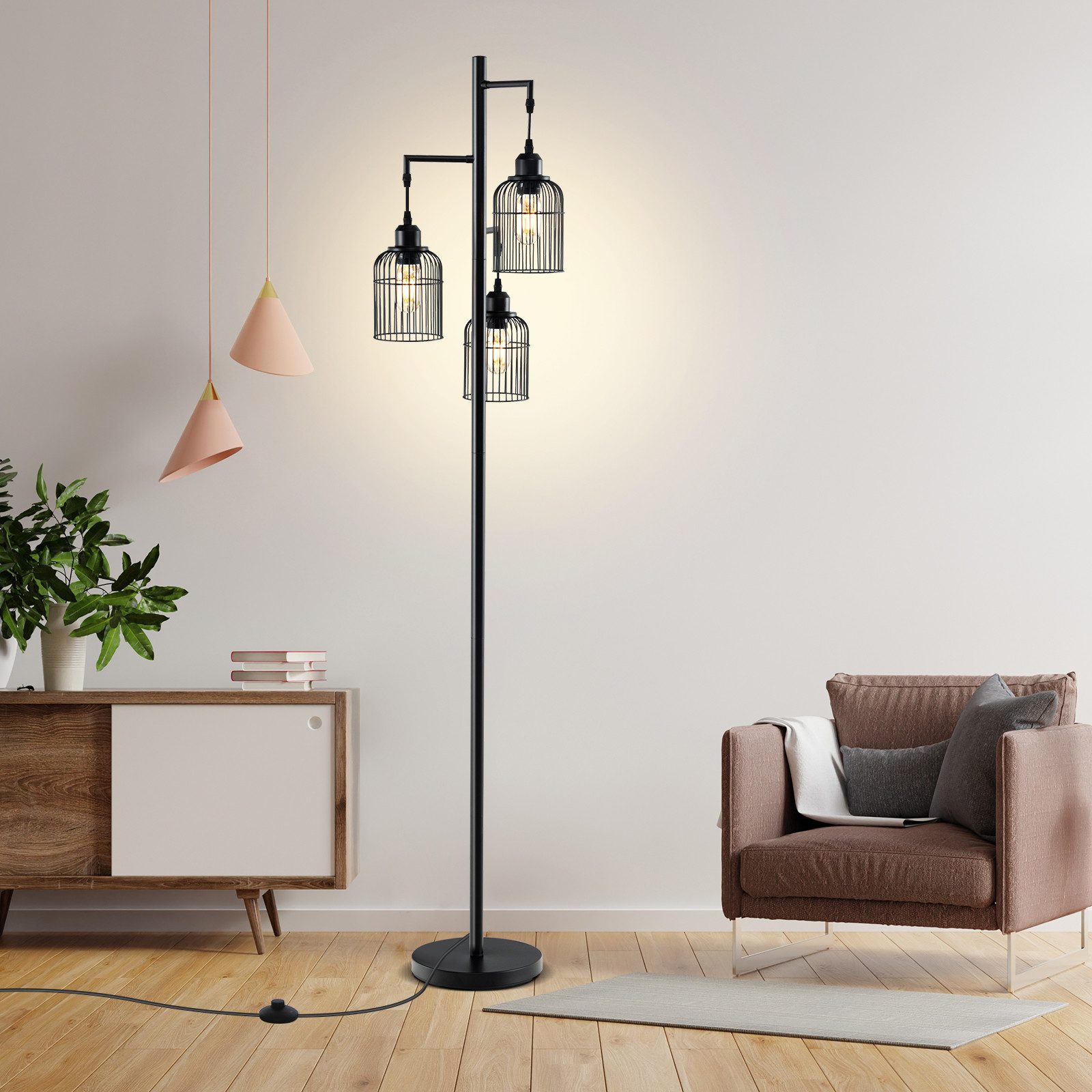 COSTWAY Stehlampe, 169 cm, mit 3 Lampenschirmen, Sockel & Fußschalter günstig online kaufen