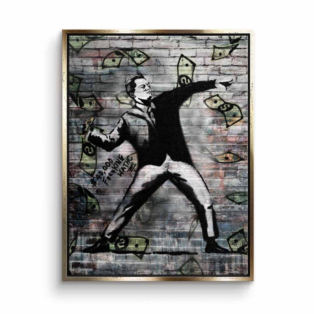 DOTCOMCANVAS® Leinwandbild, Leinwandbild Banksy streetart 40k watch geld schwarz weiß mit premium goldener Rahmen
