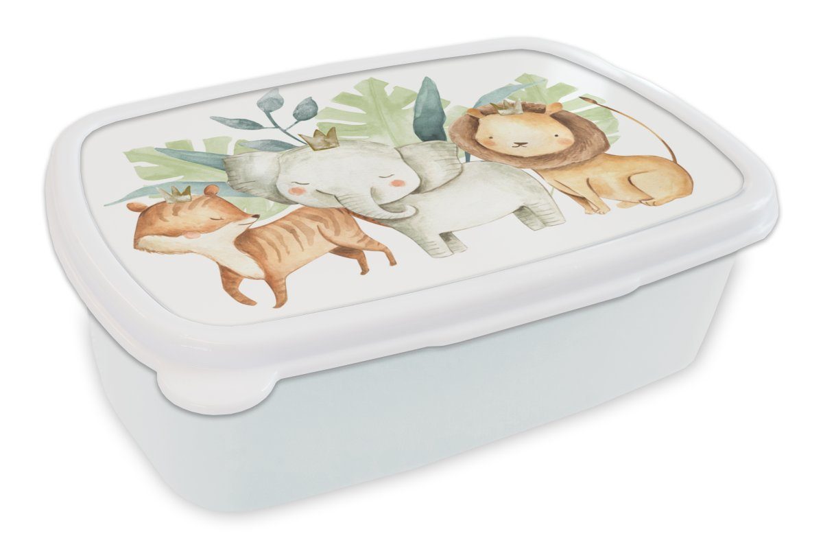 MuchoWow Lunchbox Dschungel - Elefant - Fuchs - Löwe, Kunststoff, (2-tlg), Brotbox für Kinder und Erwachsene, Brotdose, für Jungs und Mädchen weiß