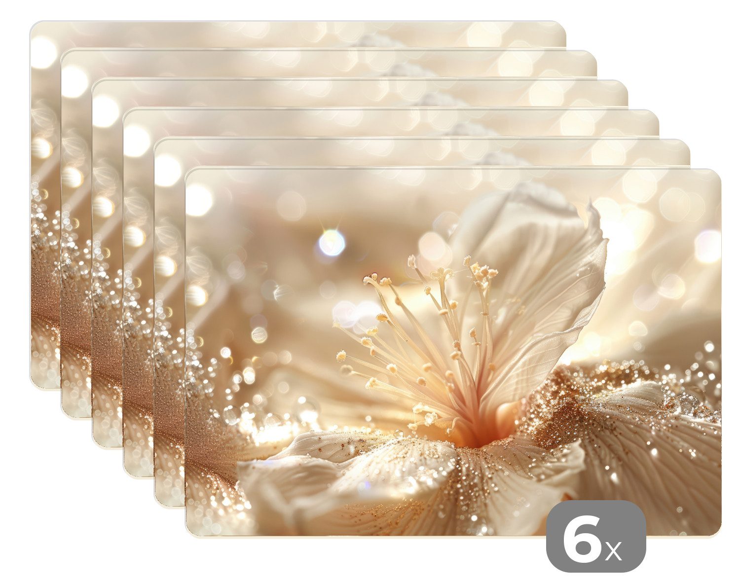 MuchoWow Platzset Blume - Weiß - Glitter - Gold - Modern, (6-St), Platzsets, Tischset, Abwaschbar, Tischsets, Platzdeckchen