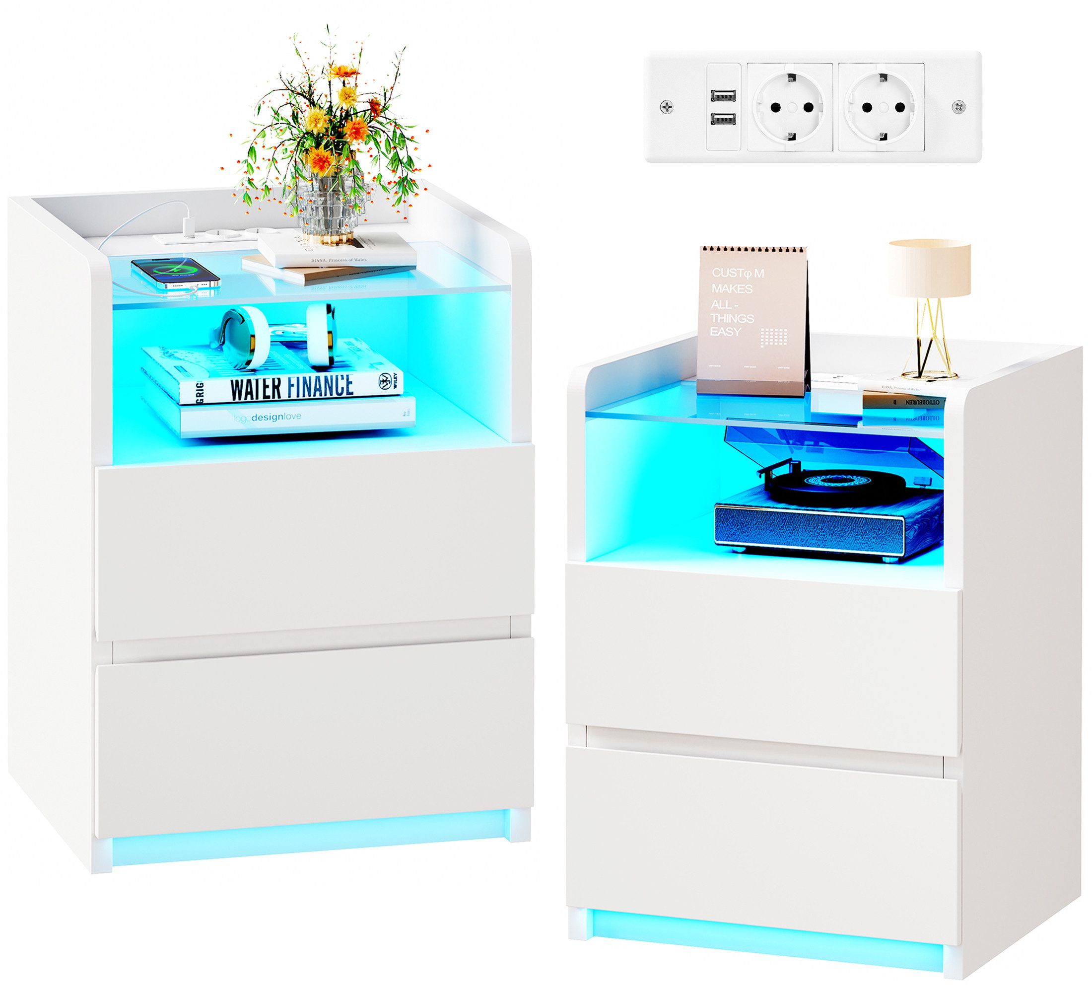 BEWISHOME Nachttisch 2er Set mit RGB-LED-Beleuchtung und Ladestation, 40x35x60 cm (2-St), Gehärtete Glasplatte, 2 Schubladen & Offenes Fach