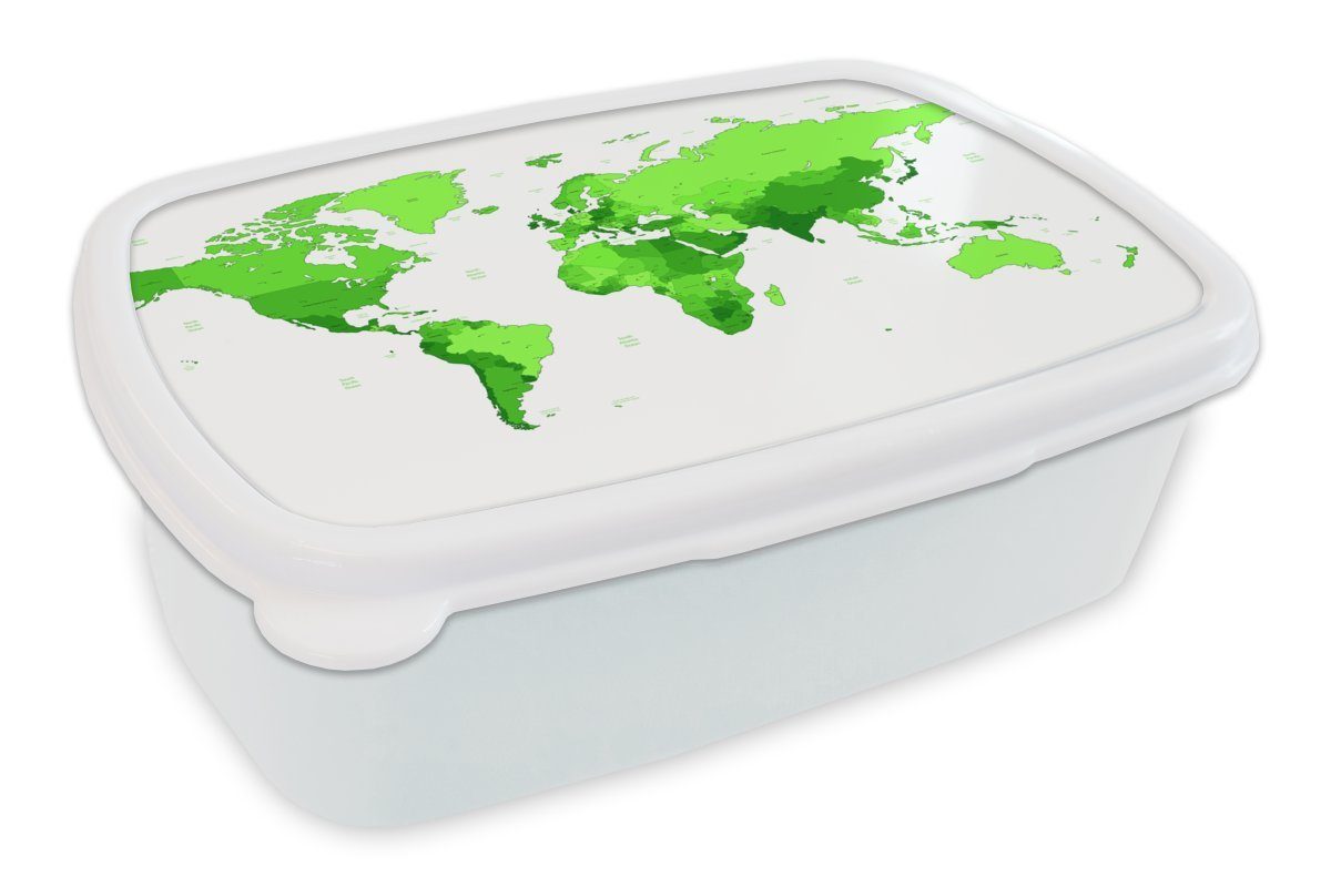 und für Kinder Weltkarte - - Brotdose, Grün, Brotbox Erwachsene, für Jungs Mädchen Trendy und Kunststoff, (2-tlg), MuchoWow Lunchbox weiß
