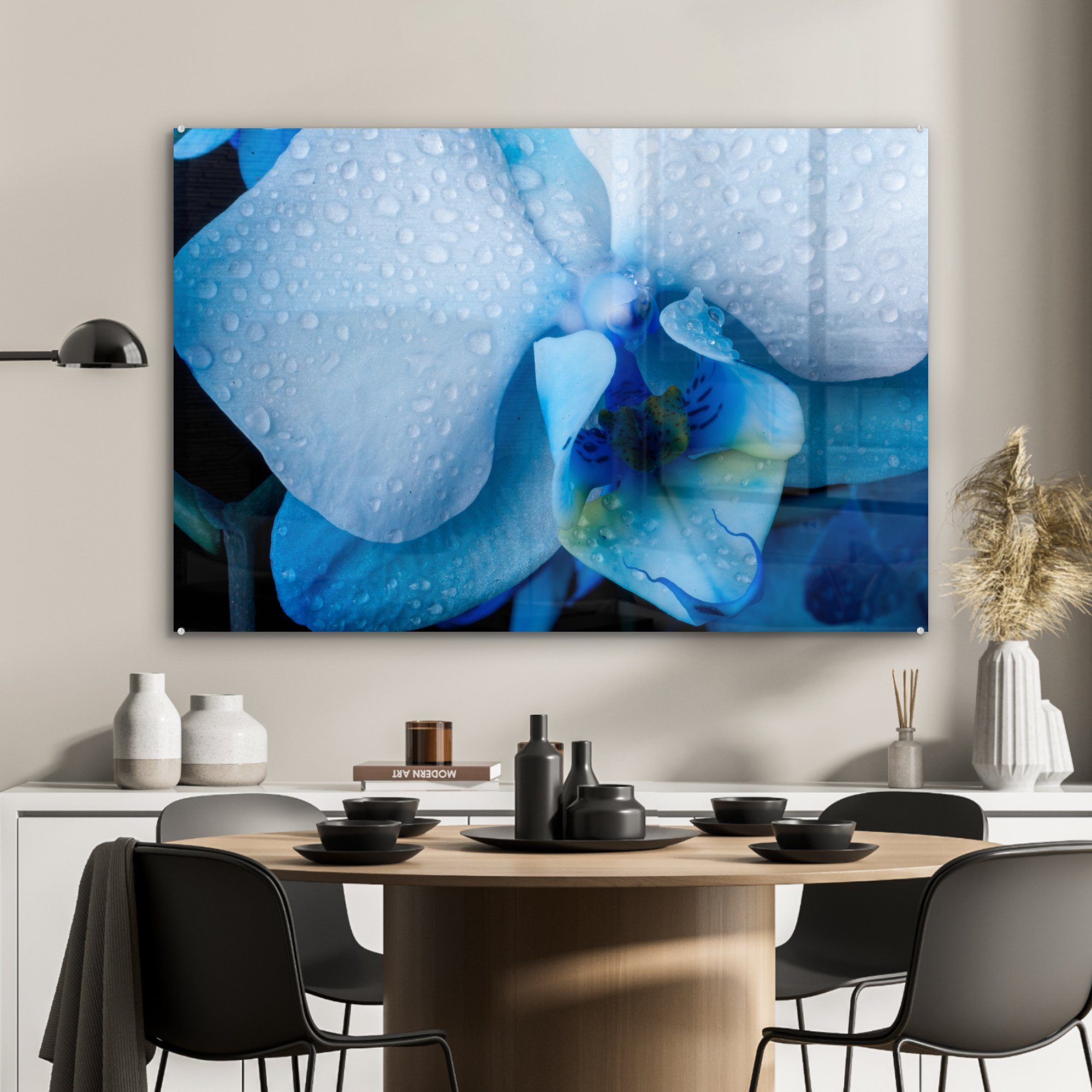 MuchoWow Blättern, Schlafzimmer (1 Acrylglasbild Wohnzimmer einer & blauen Nahaufnahme Acrylglasbilder Orchidee St), hellen mit
