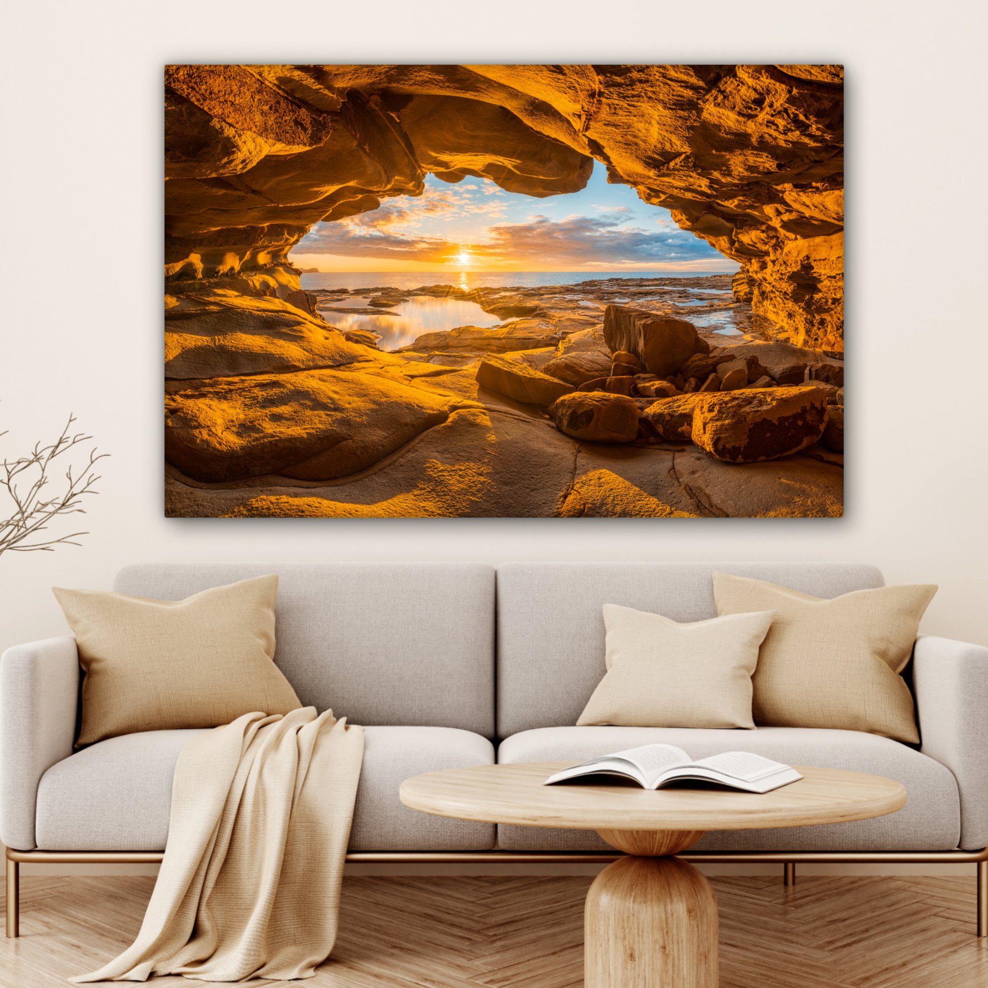 für Gemälde, OneMillionCanvasses® Wohnbereiche, (1 XXL, - Wandbild Höhle Sonnenuntergang, großes, Horizont St), Leinwandbild - 120x80 - cm Meer alle