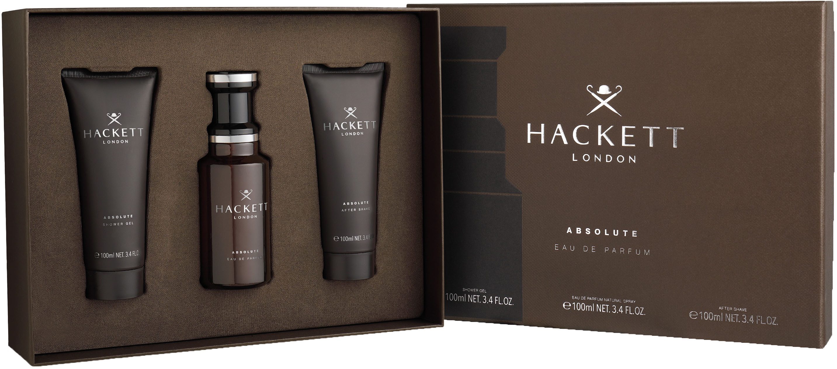 Hackett London Duft-Set HACKETT ESSENTIAL Gift Set 100ml EdP + SG 100ml + Pen Spray 10ml, 3-tlg., Holzig-aromatischer Duft mit Tonkabohne, Leder und Eichenmoos.
