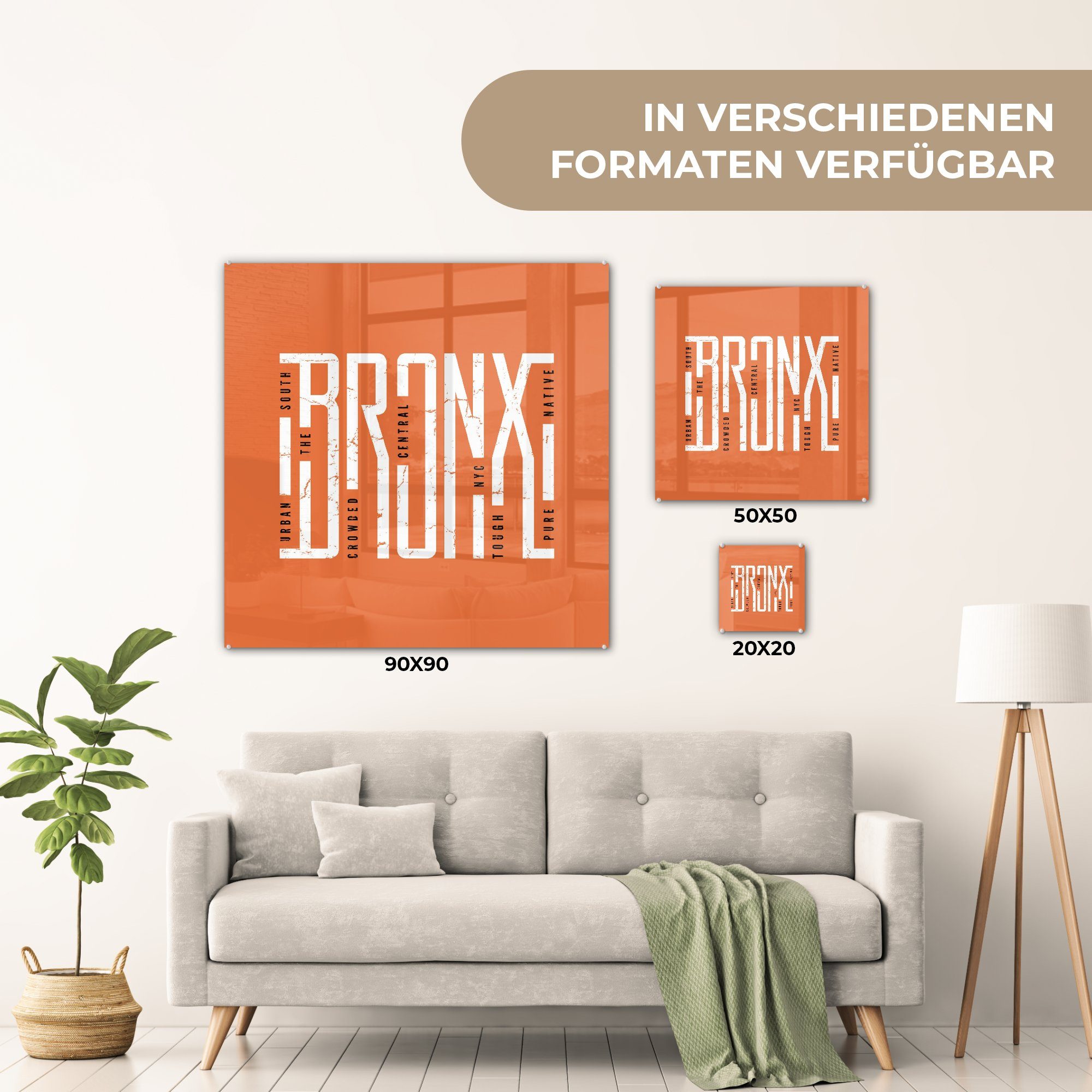 MuchoWow Glasbilder Wanddekoration auf auf auf - - "Bronx" orangefarbenem Foto Illustration - Glas Glas Wandbild (1 Acrylglasbild Bilder Hintergrund, St),