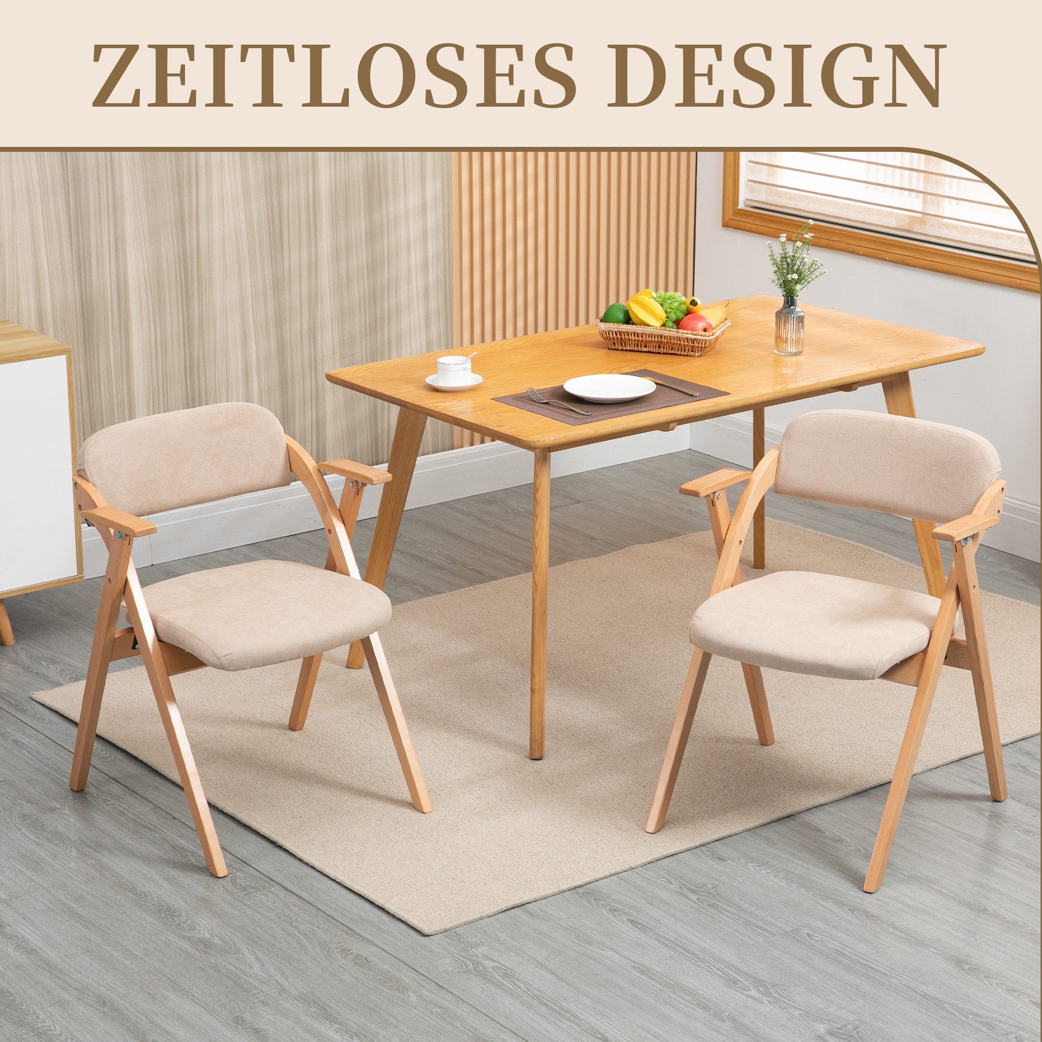 SeedWave Esszimmerstuhl Klappstuhl mit Armlehne, 2er Set Holzgestell Leinenbezug Küchenstuhl, 60×53×79cm, gepolstert mit Schaumstoff
