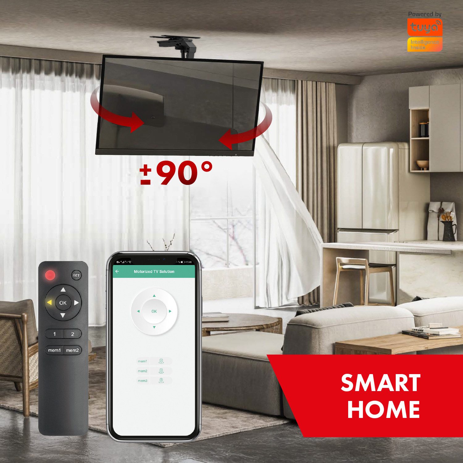 Maclean TV-Deckenhalterung MC-109 T Elektrische Halterung für 43-86'' TV Tuya, (bis 86 Zoll, Tuya-Support, max. VESA 800x400, verstellbar +90°~-90°, max. 45kg)