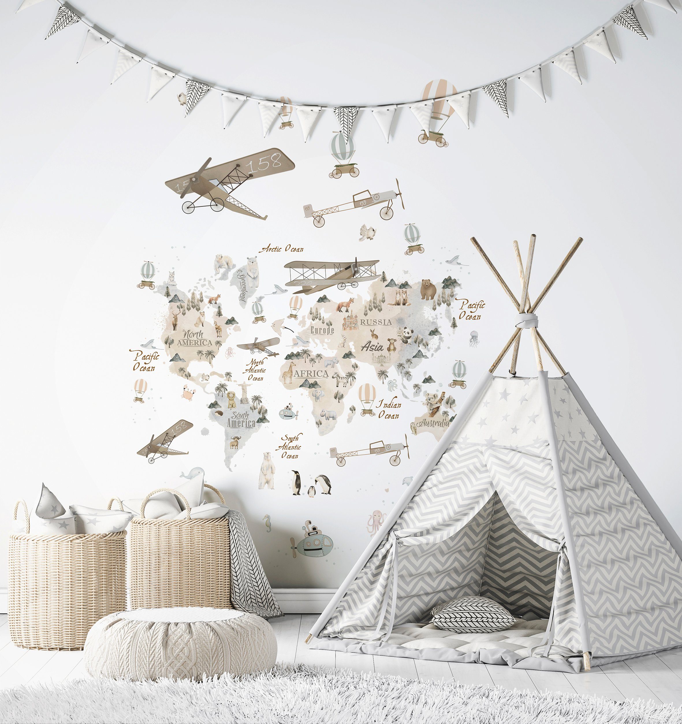 Marburg Kindertapete, matt, (1 St), Weltkarte, moderne Tapete für Wohnzimmer Schlafzimmer Küche