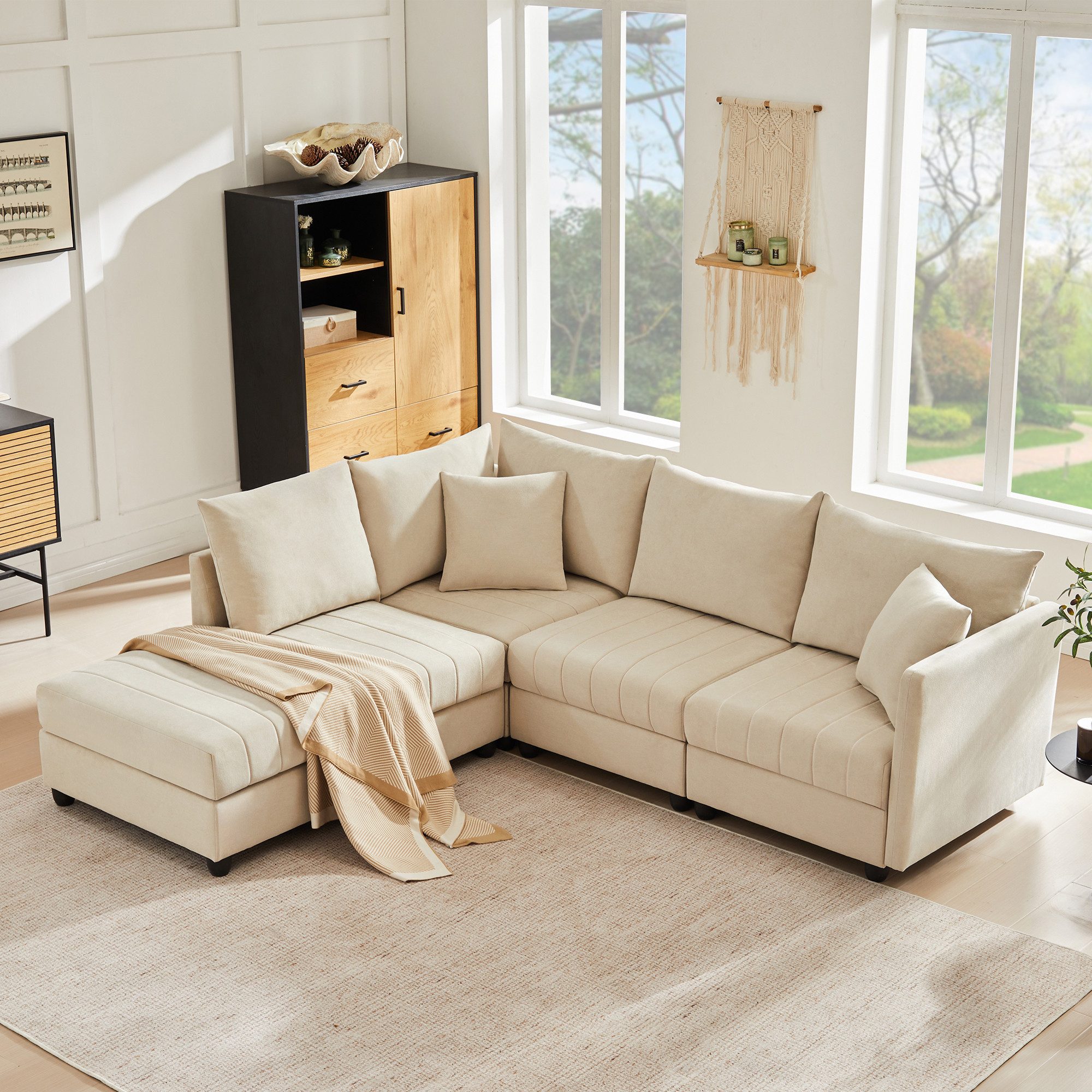Merax Ecksofa 5-Sitzer Schlafsofa mit umwandelbarem Hocker, 1 Teile, Modulare Sofa L-förmiges/U-förmiges Couch Polstersofa Baumwoll-Leinen
