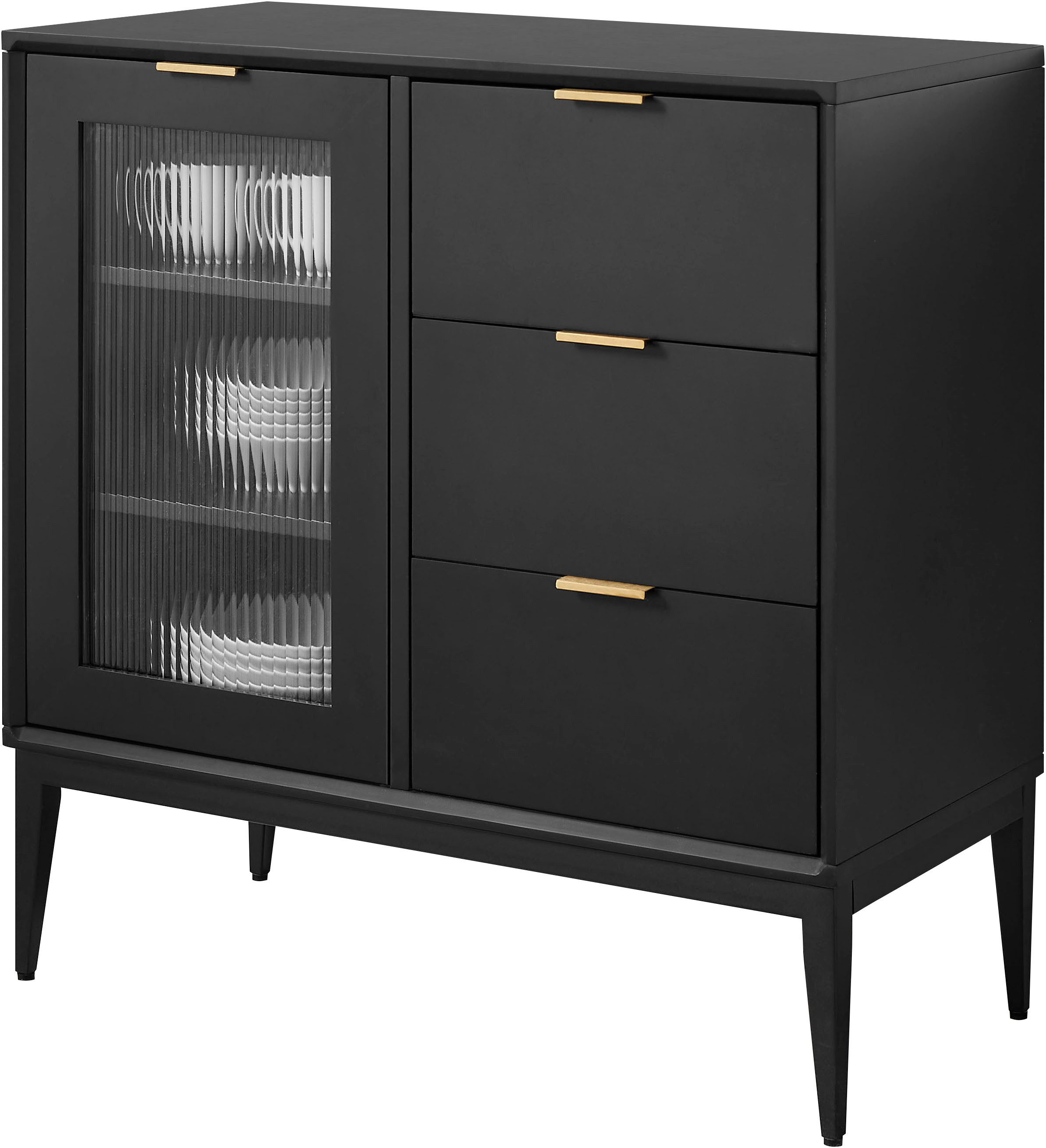 Leonique Sideboard Lavisha, FSC-zertifiziertes Holz kombiniert Melamin, verchromten Metallgriffen