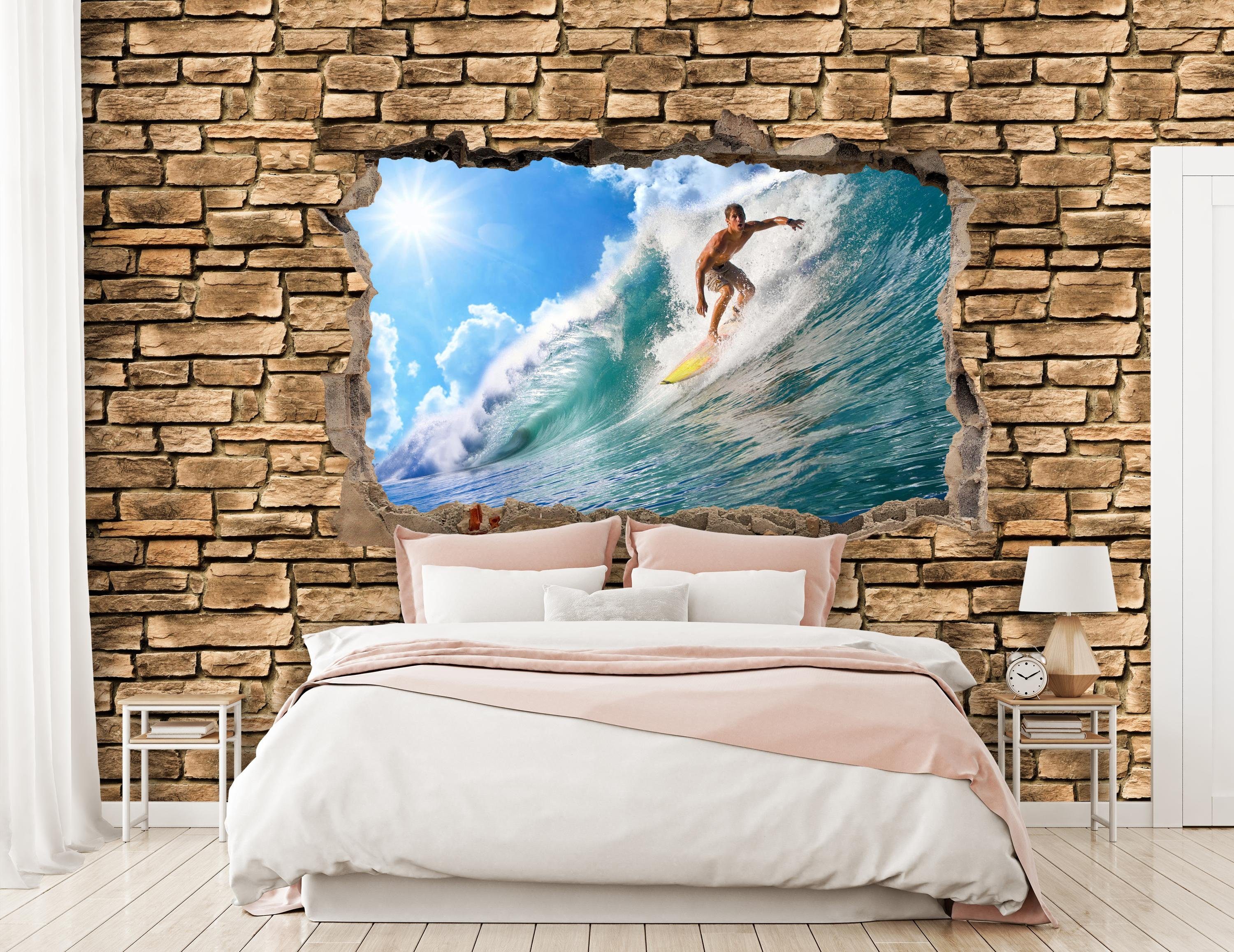 Steinmauer, Motivtapete, Vliestapete matt, Fototapete 3D Wandtapete, glatt, wandmotiv24 - Surfing