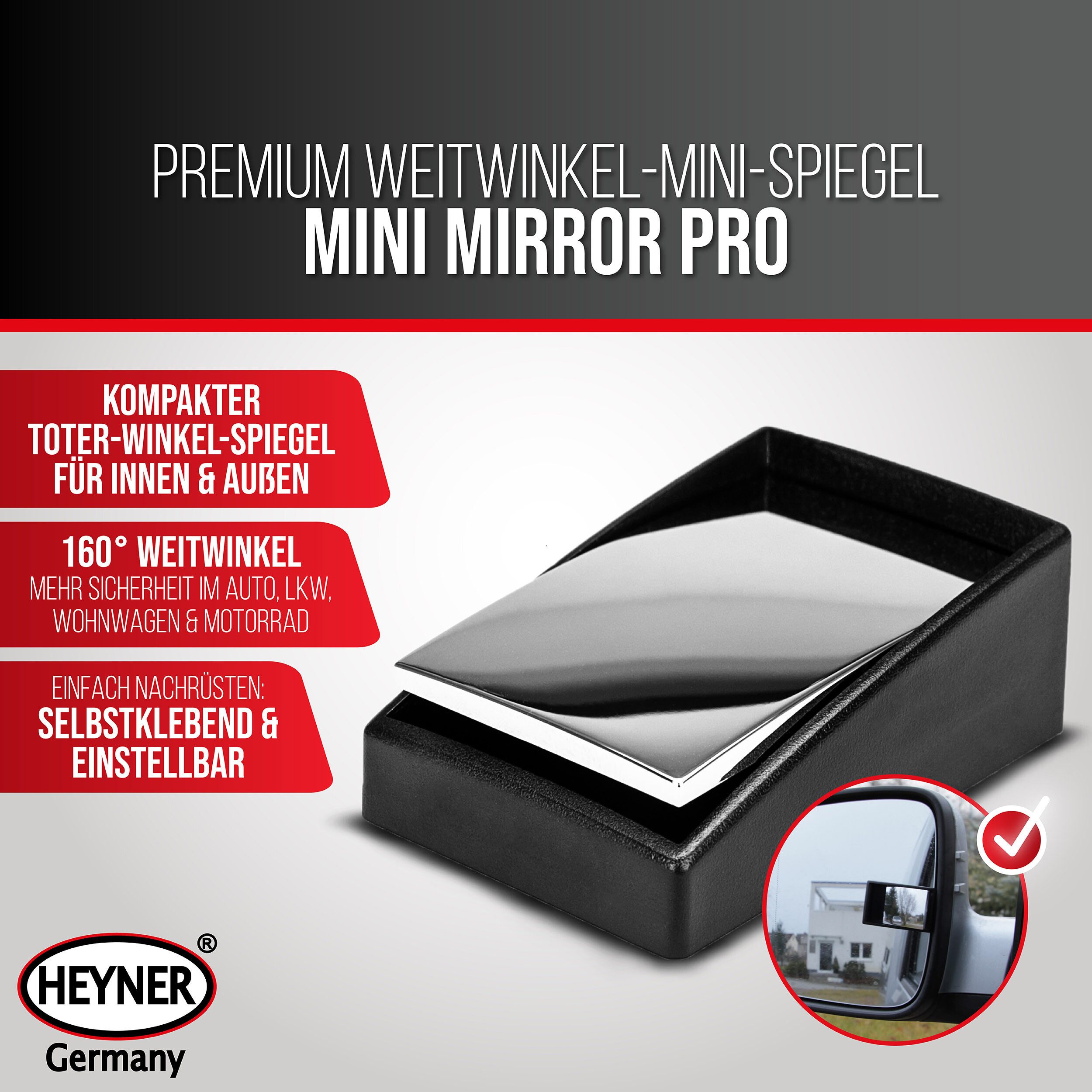 HEYNER Autospiegel Weitwinkel-Mini-Spiegel Auto Toter Winkel Spiegel verstellbar eckig (1-St)