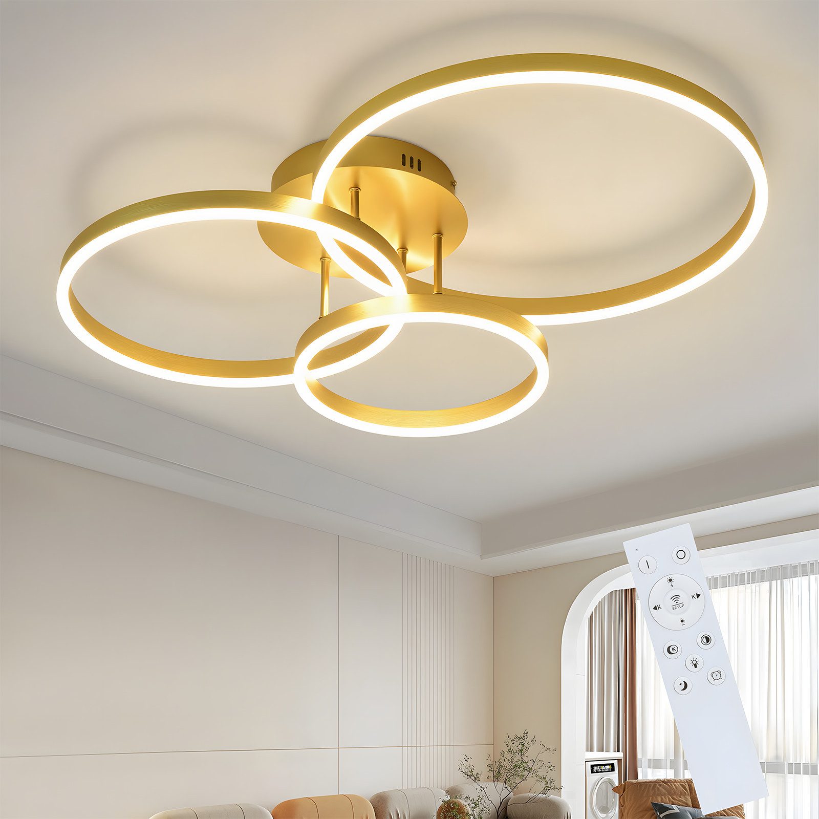 Nettlife LED Deckenleuchte Dimmbar Wohnzimmer Gold 2 Ring Acryl 46W 59CM Mo günstig online kaufen