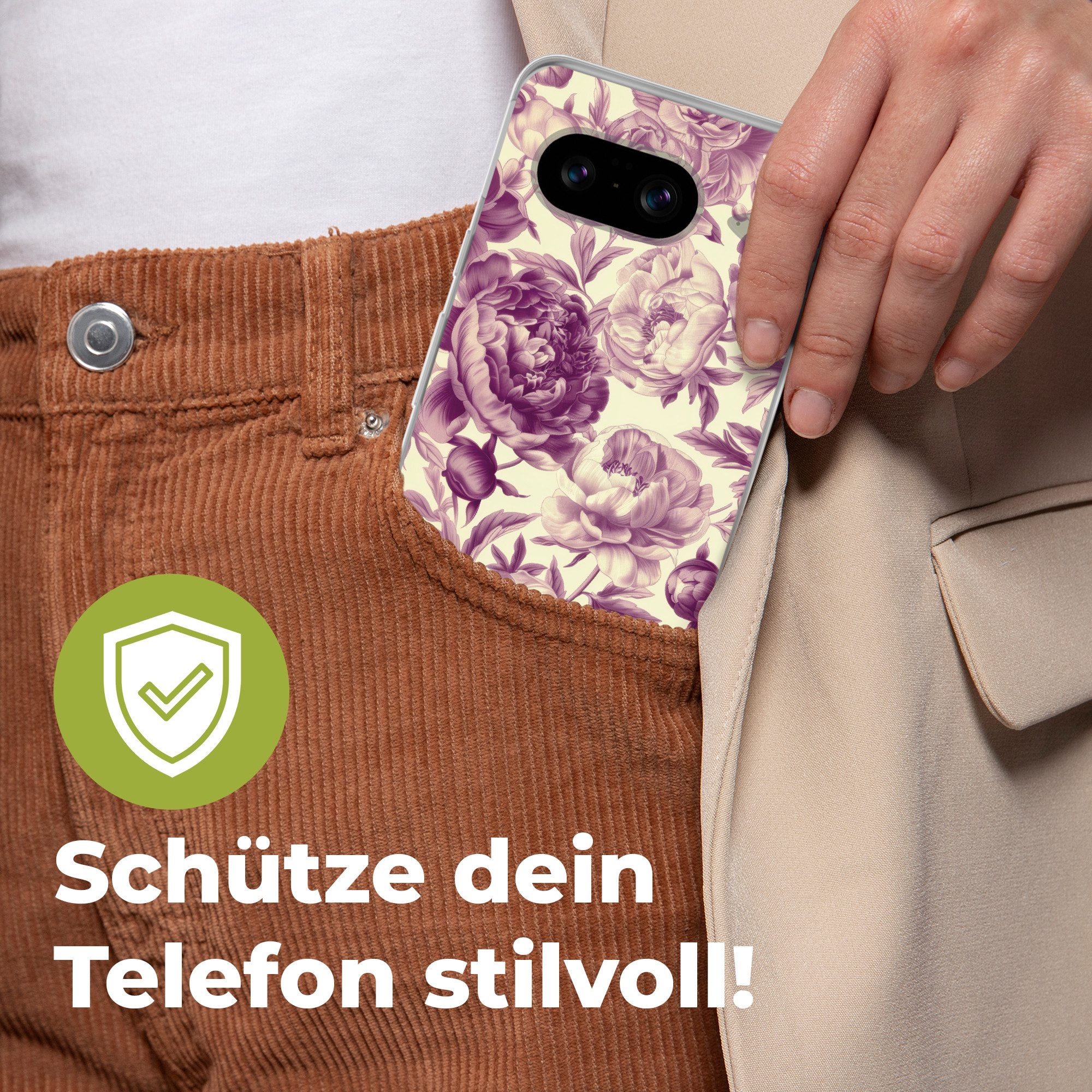 MuchoWow Handyhülle für Google Pixel 8 Blumen - Muster - Lila - Beige, Handy Case, Silikon, Bumper Case Dünn