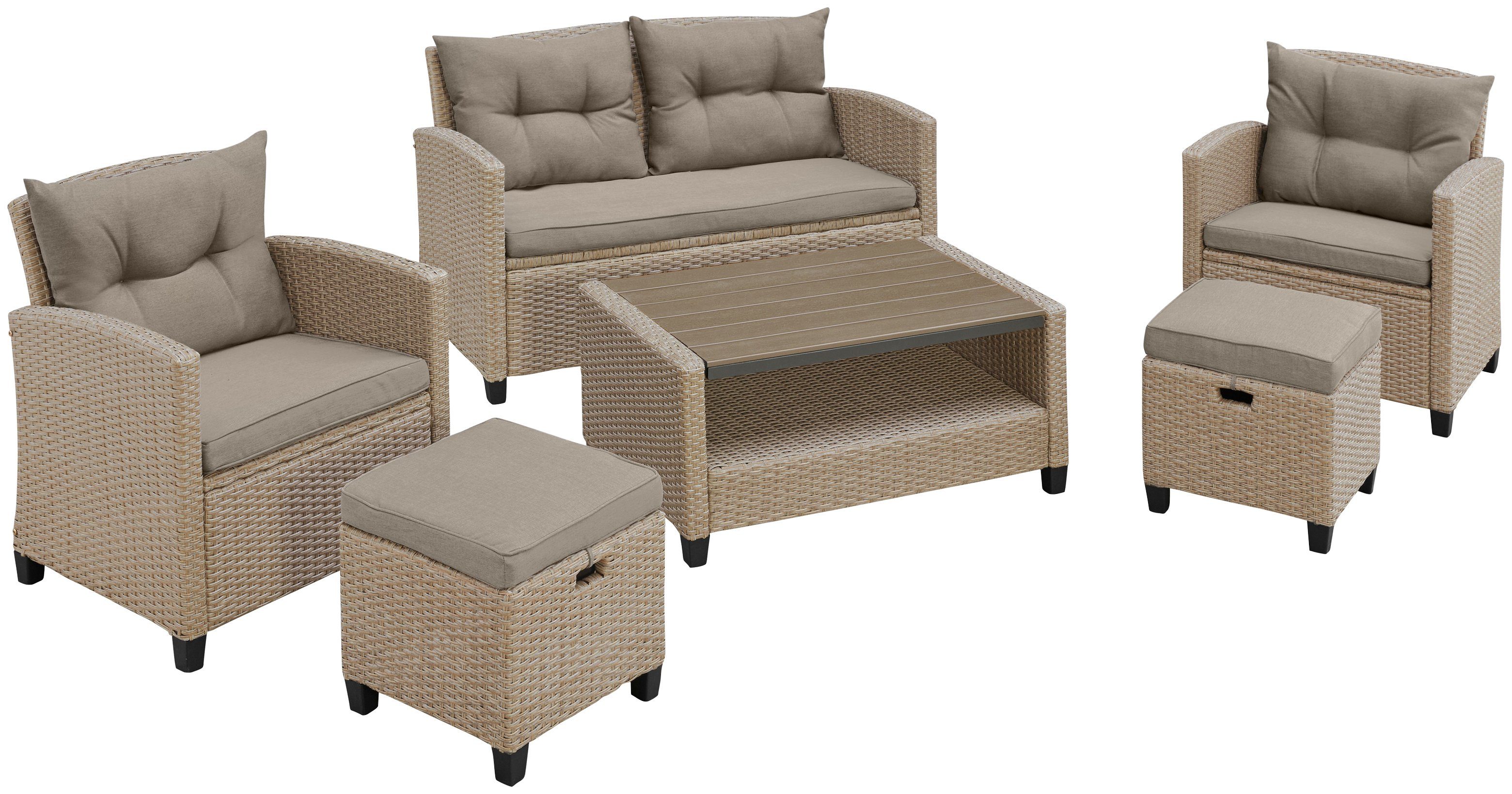 KONIFERA Gartenlounge-Set Lorca, (Set, 16-tlg., 2xSessel,2er Sofa,1xTisch 90x55x42,5cm,2x Hocker inkl. Auflagen, Stahl), Polyrattan, Ablagefläche unter dem Tisch, Tischplatte aus Nonwood
