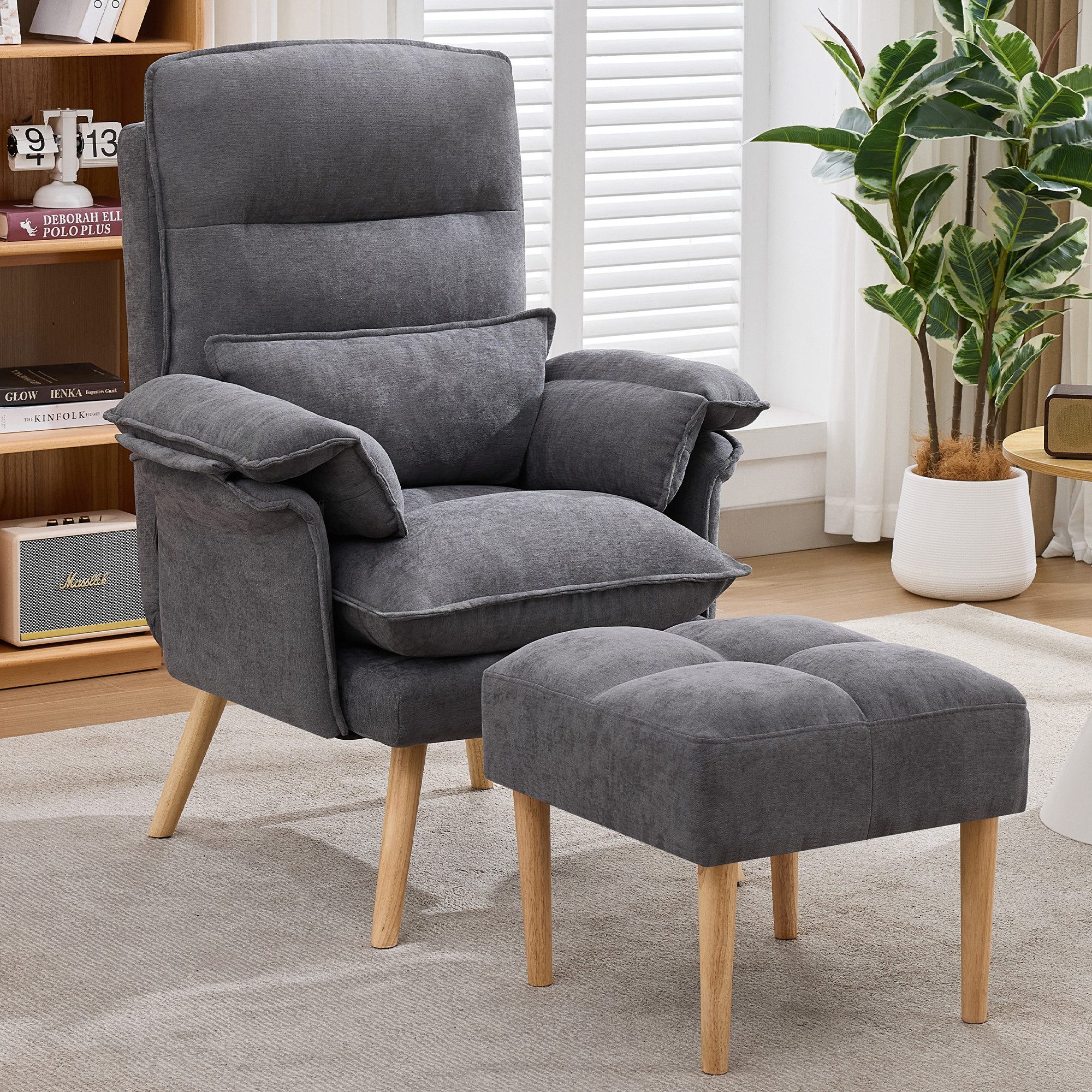 Merax Relaxsessel mit Hocker, 5-fach verstellbarer Liegesessel Lesesessel (85 × 78,5 × 112 cm, 1-St., Relaxsessel inkl. Hocker), Polstersessel mit Kissen & Massivholzbeinen, Loungesessel aus Leinen