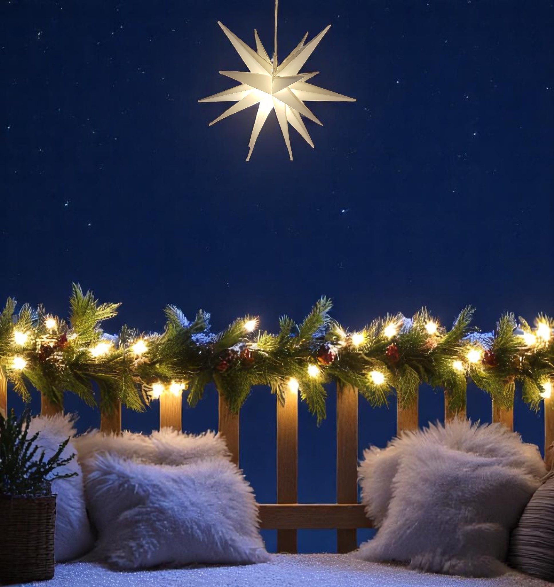 Star-Max LED Stern LED Stern 25cm Weiß – Warmweiße, Batteriebetrieb, Timer, IP44