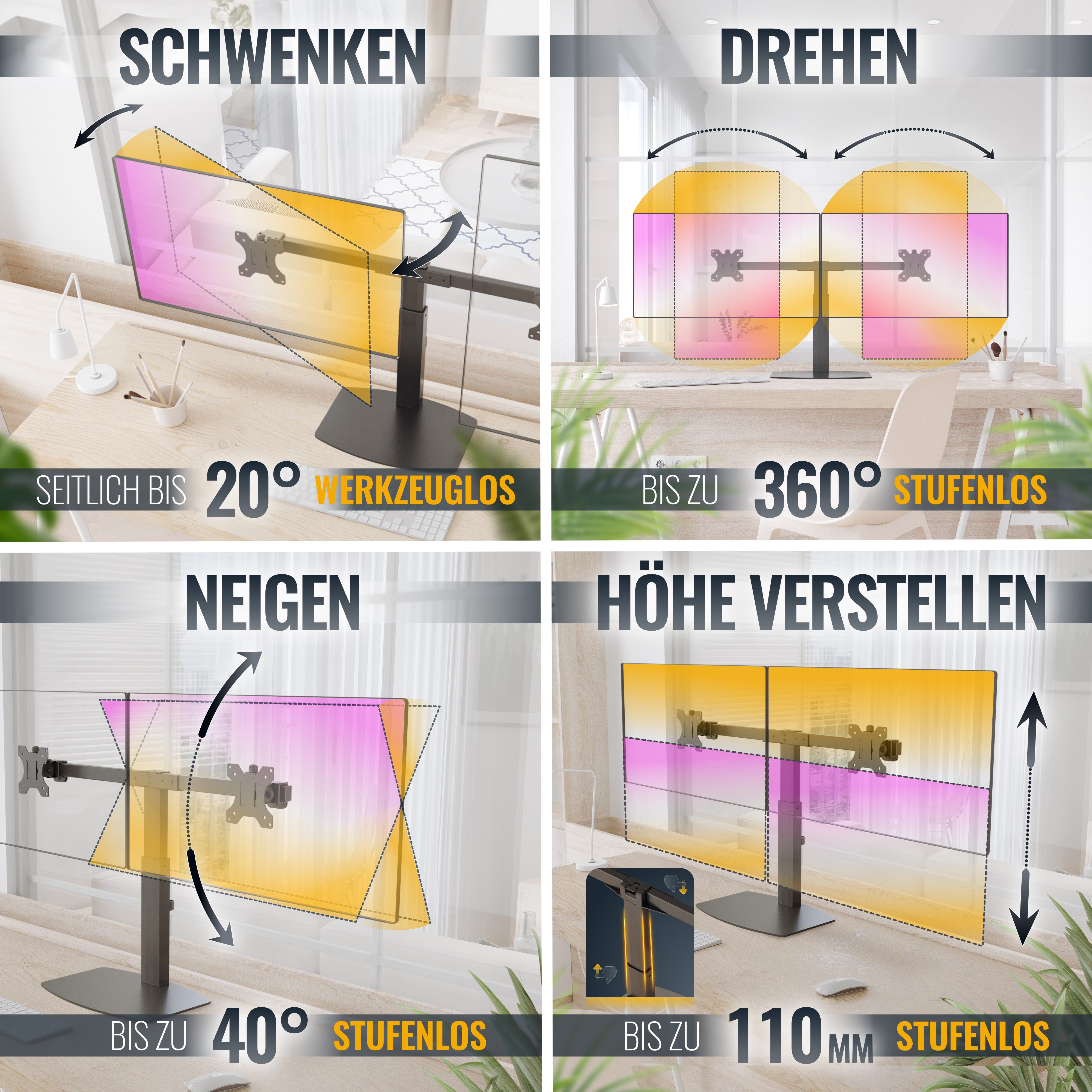RICOO Monitor-Halterung Monitor Tischhalterung höhenverstellbar, für 2 Monitore TS4111, (bis 27 Zoll, VESA 75x75 und 100x100, 1-tlg., 6 Kg Belastbarkeit, für 43-69 cm (17"-27) Bildschirm-Diagonale, neigbar +/-20°, schwenkbar bis zu 20°, Standfuß mit Gasdruckfeder)