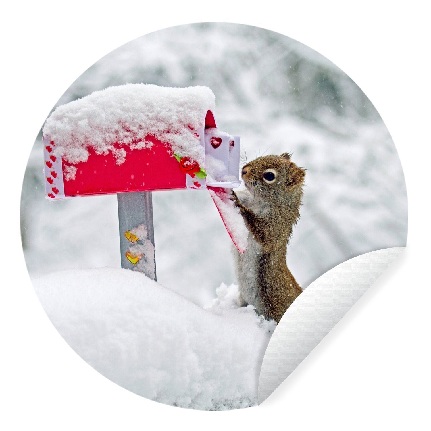 MuchoWow Wandsticker Eichhörnchen - Briefkasten - Schnee - Winter (1 St), Tapetenkreis für Kinderzimmer, Tapetenaufkleber, Rund, Wohnzimmer