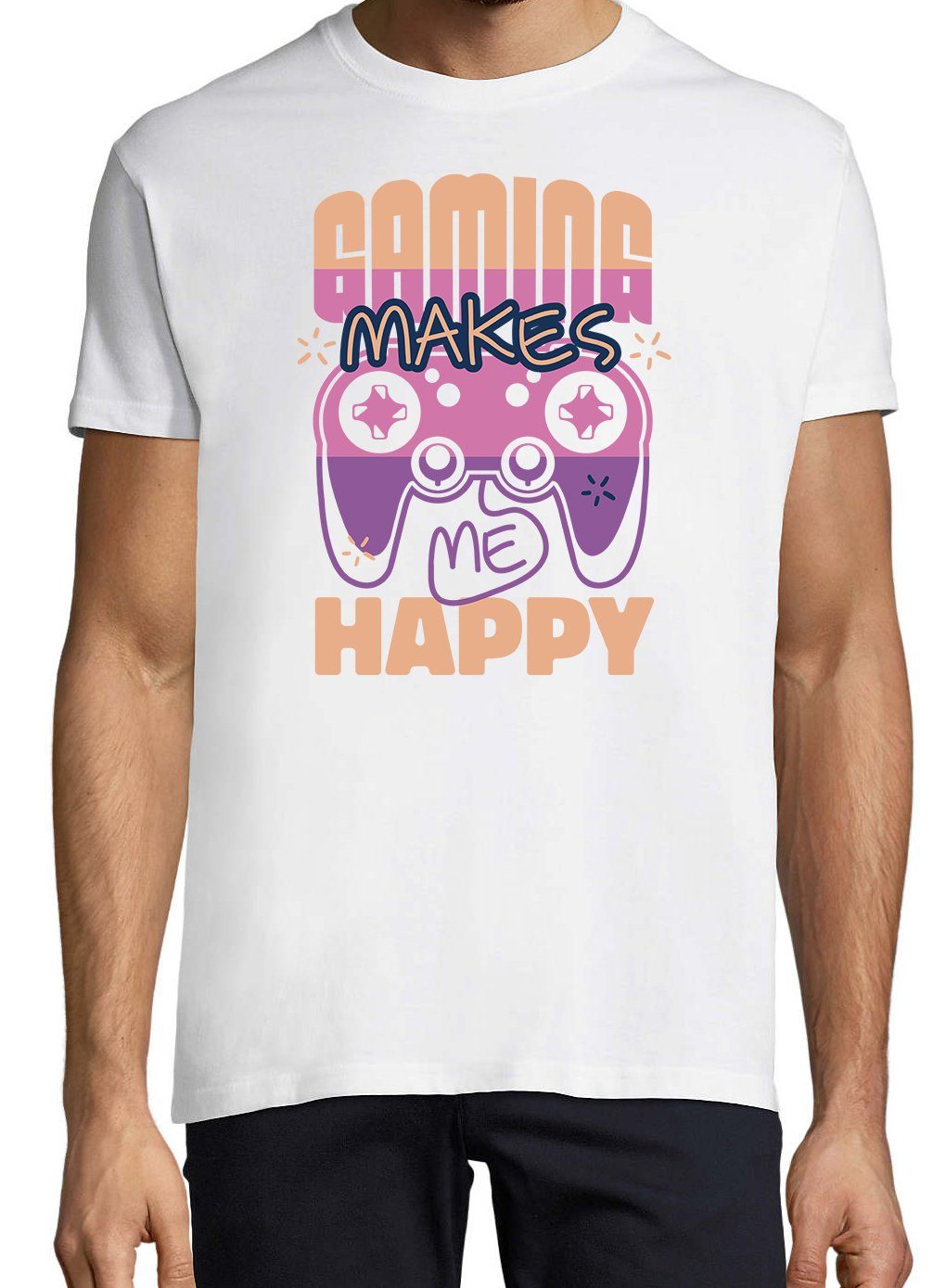 Herren Me Happy Weiß lustigem Makes Youth Frontprint Shirt mit Designz T-Shirt Gaming