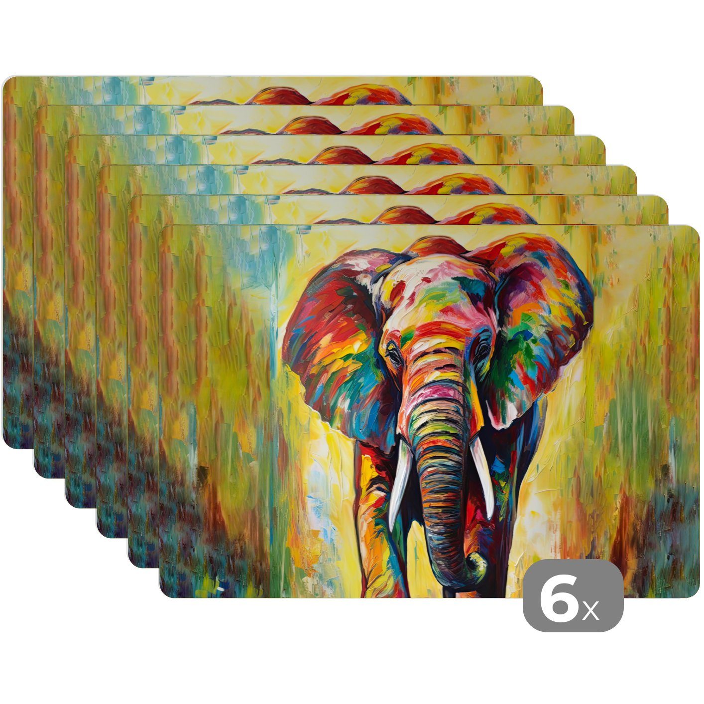 Platzset, Elefant - - Kunst Regenbogen, Tiere MuchoWow, Platzmatte, - - Platzset, Schmutzabweisend Platzdecken, Tischmatten, Malerei (6-St),